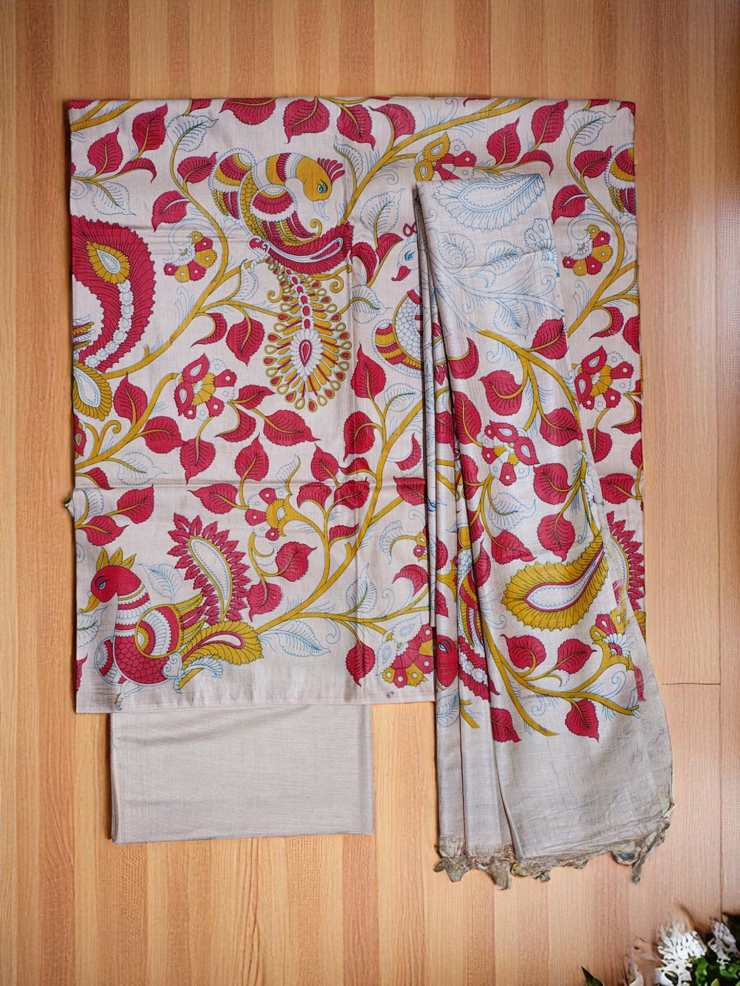 Red & Orange Madhubani Print Unstitched Katan Silk Salwar Suit with Dupatta