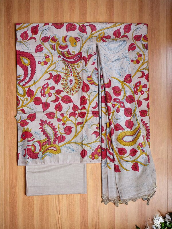 Red & Orange Madhubani Print Unstitched Katan Silk Salwar Suit with Dupatta