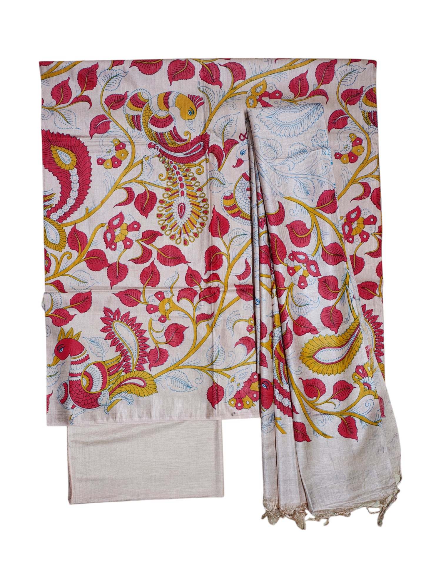 Red & Orange Madhubani Print Unstitched Katan Silk Salwar Suit with Dupatta