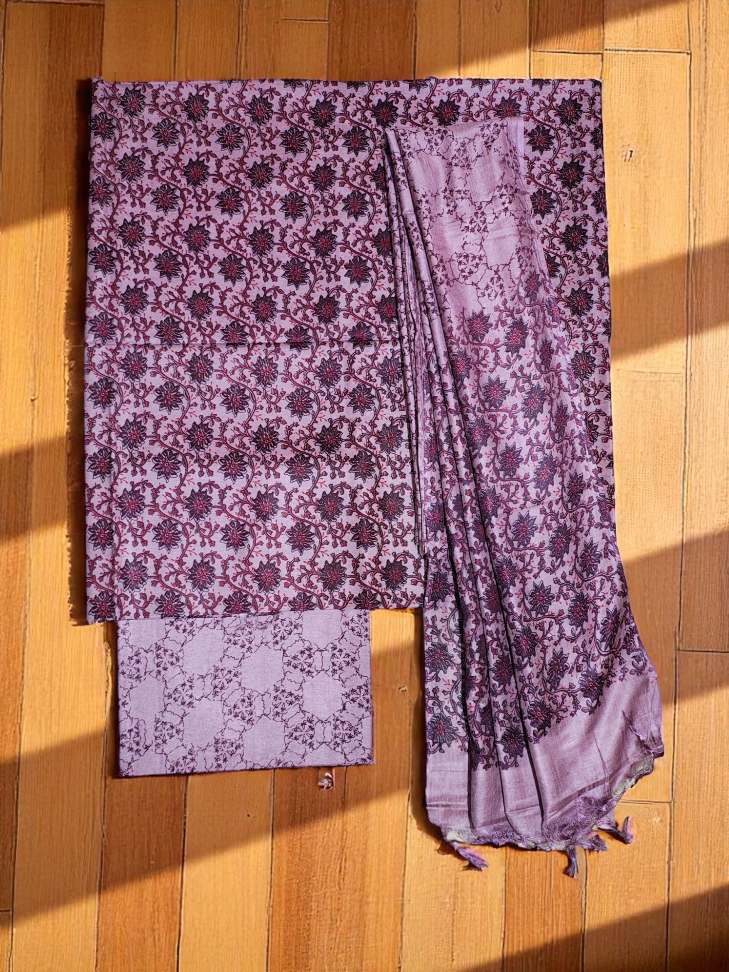 Dark Plum Ajrakh Block Print Silk Salwar Suit Set for Women