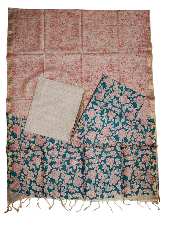 Green & Red Kalamkari Dress Material with Dupatta