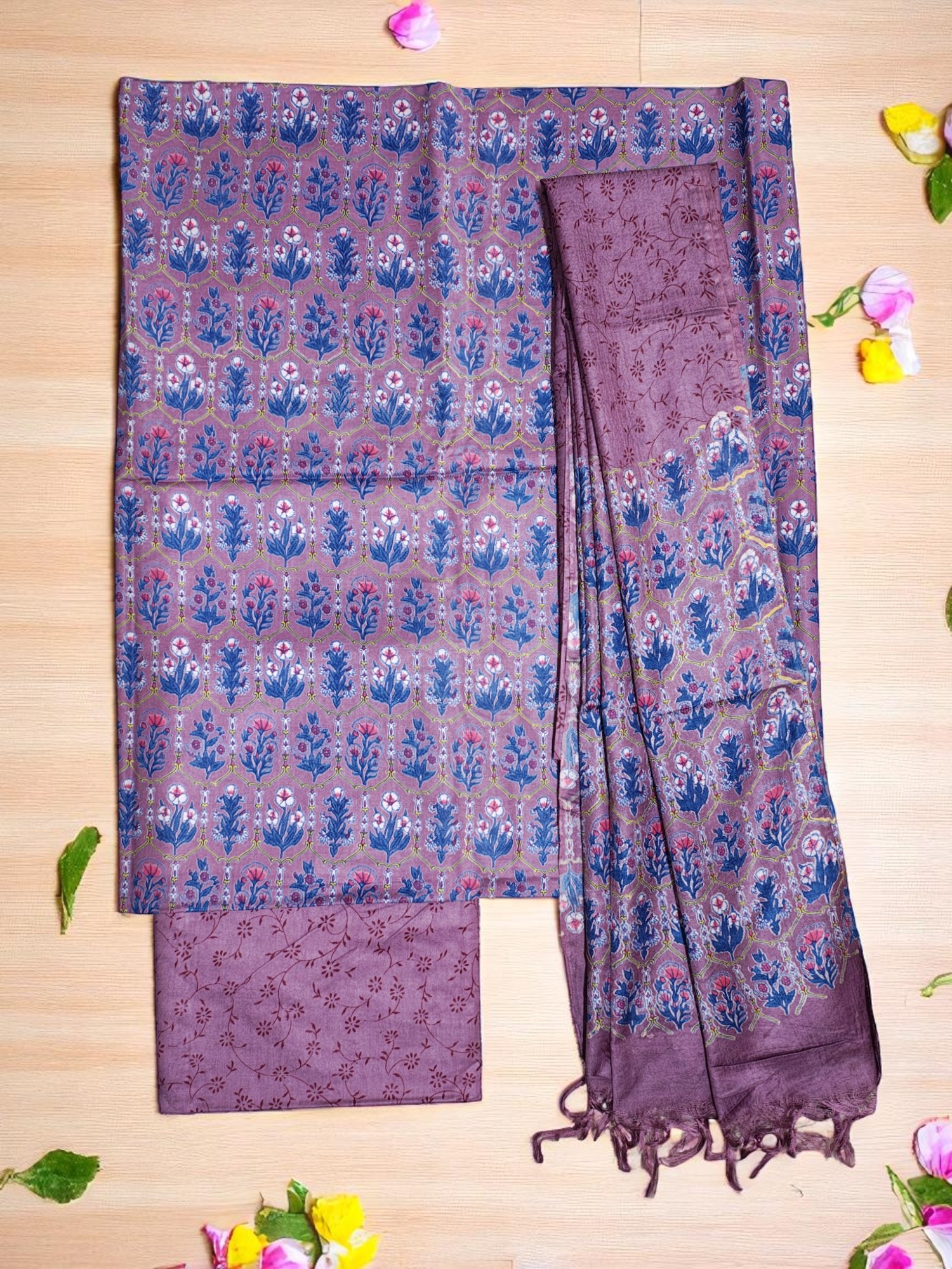 Light Plum Unstitched Block Print Silk Salwar Suit Dress Material with Dupatta