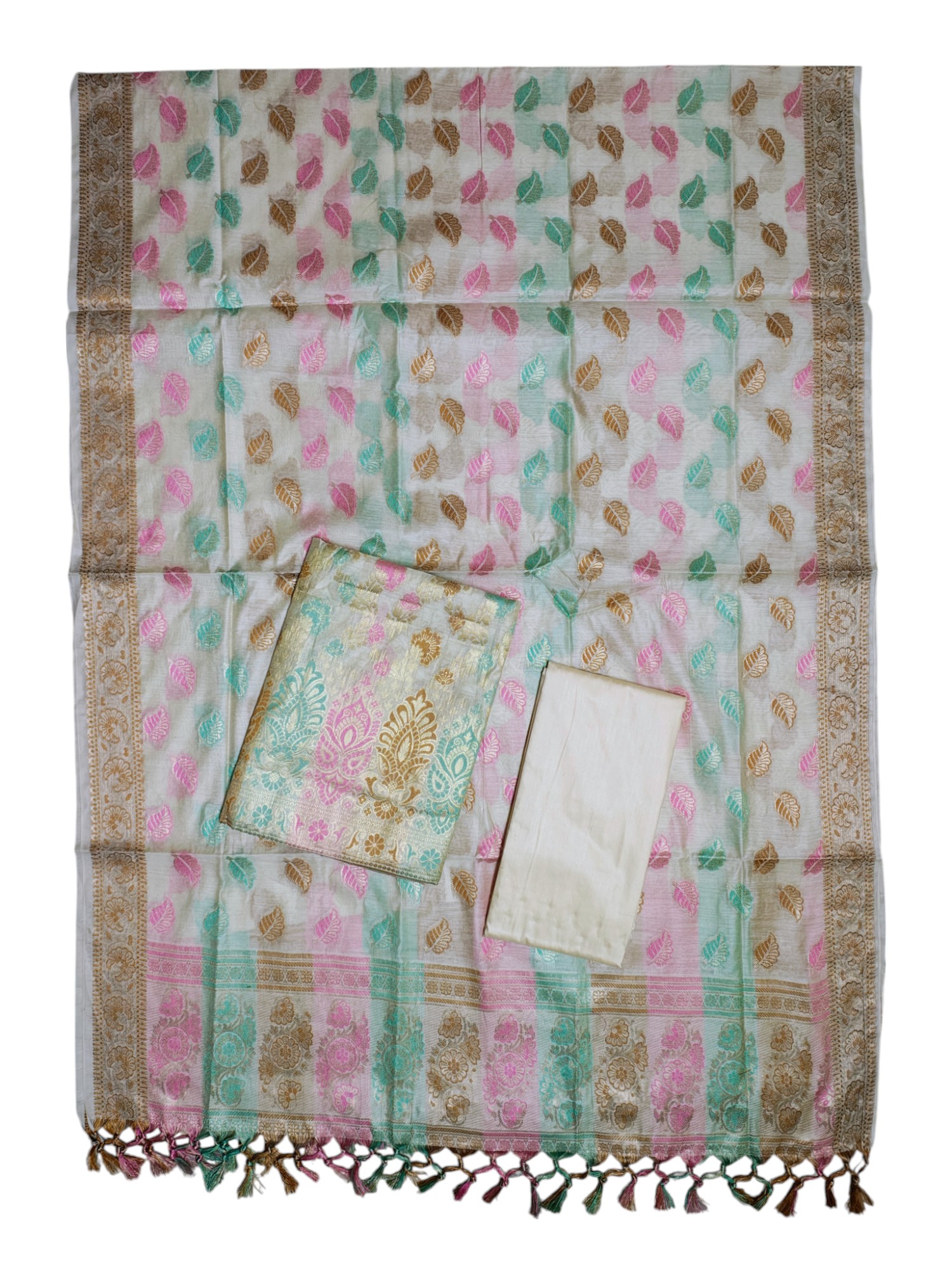 Off White Banarasi Silk Meenakari Dress Materials for Women