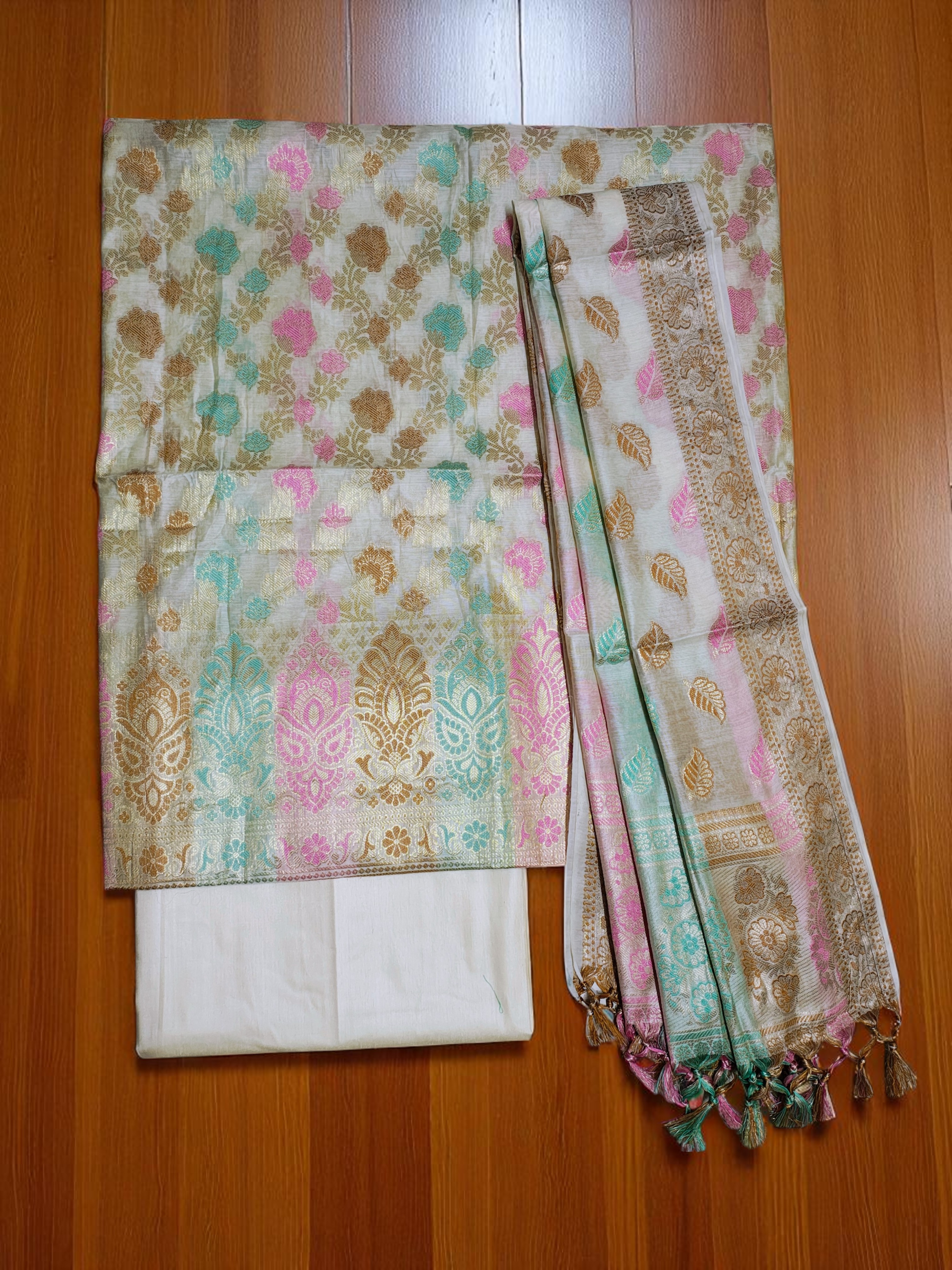 Off White Banarasi Silk Meenakari Dress Materials for Women