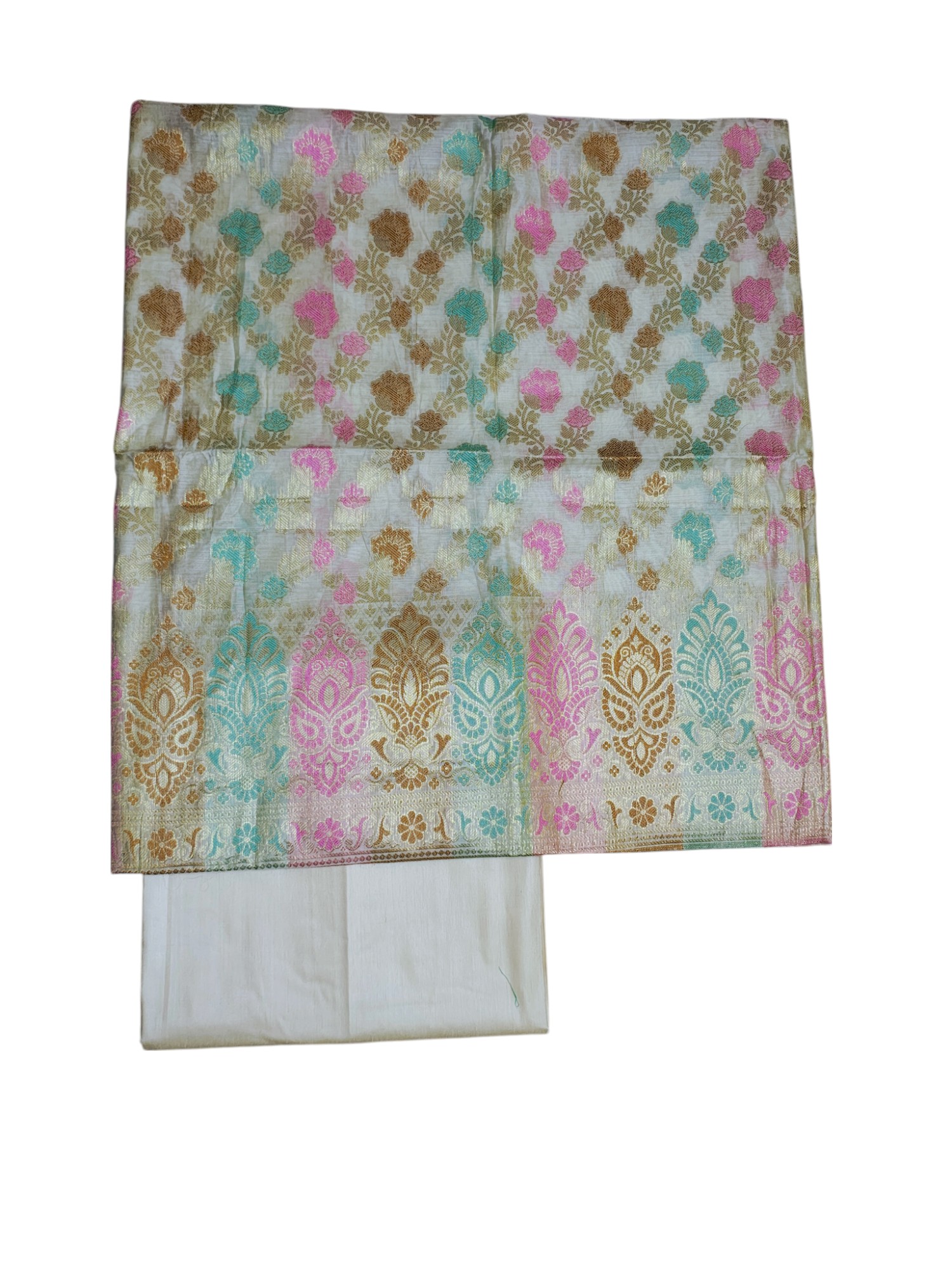 Off White Banarasi Silk Meenakari Dress Materials for Women