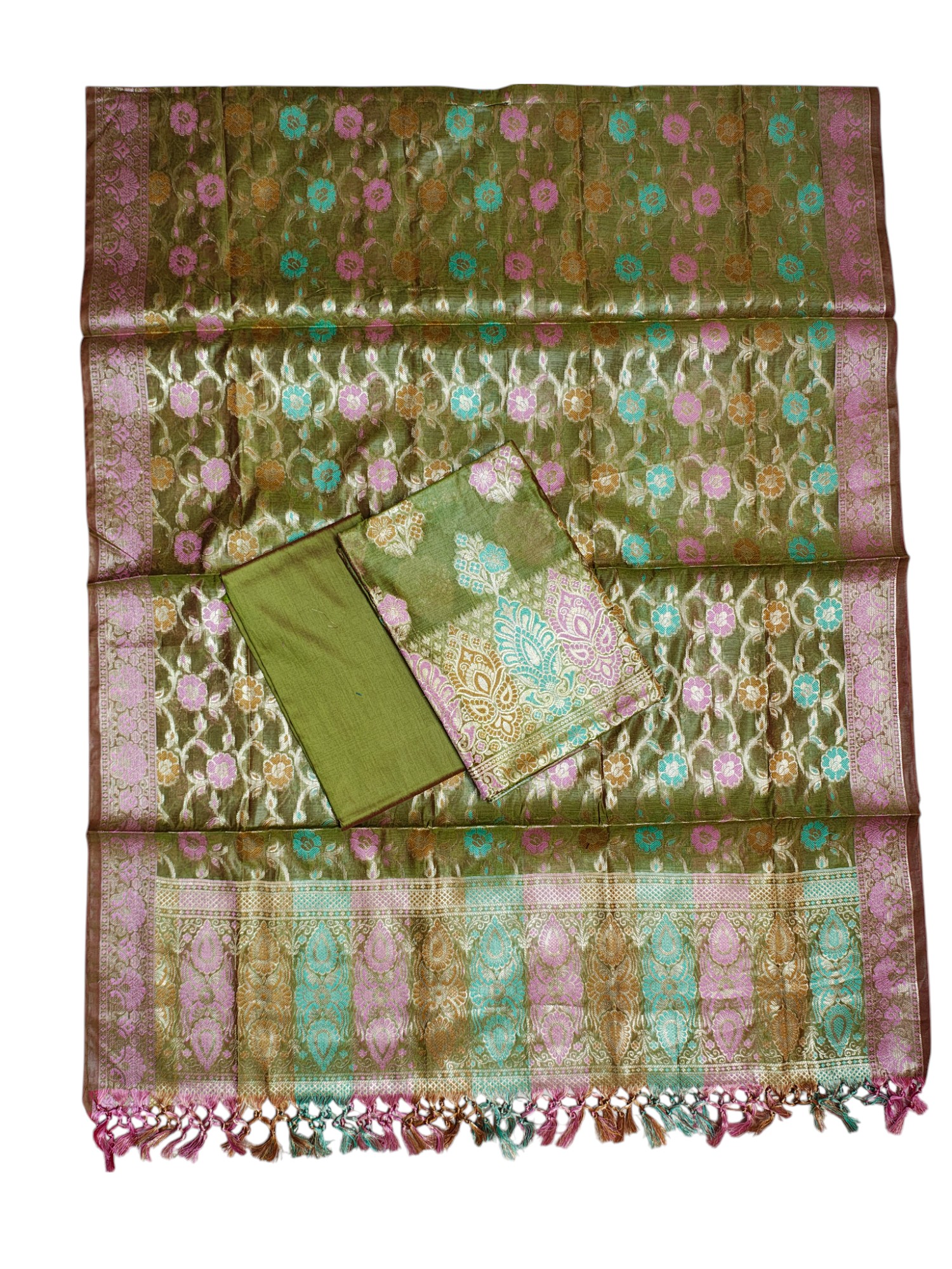 Green Banarasi Silk Meenakari Dress Materials for Women