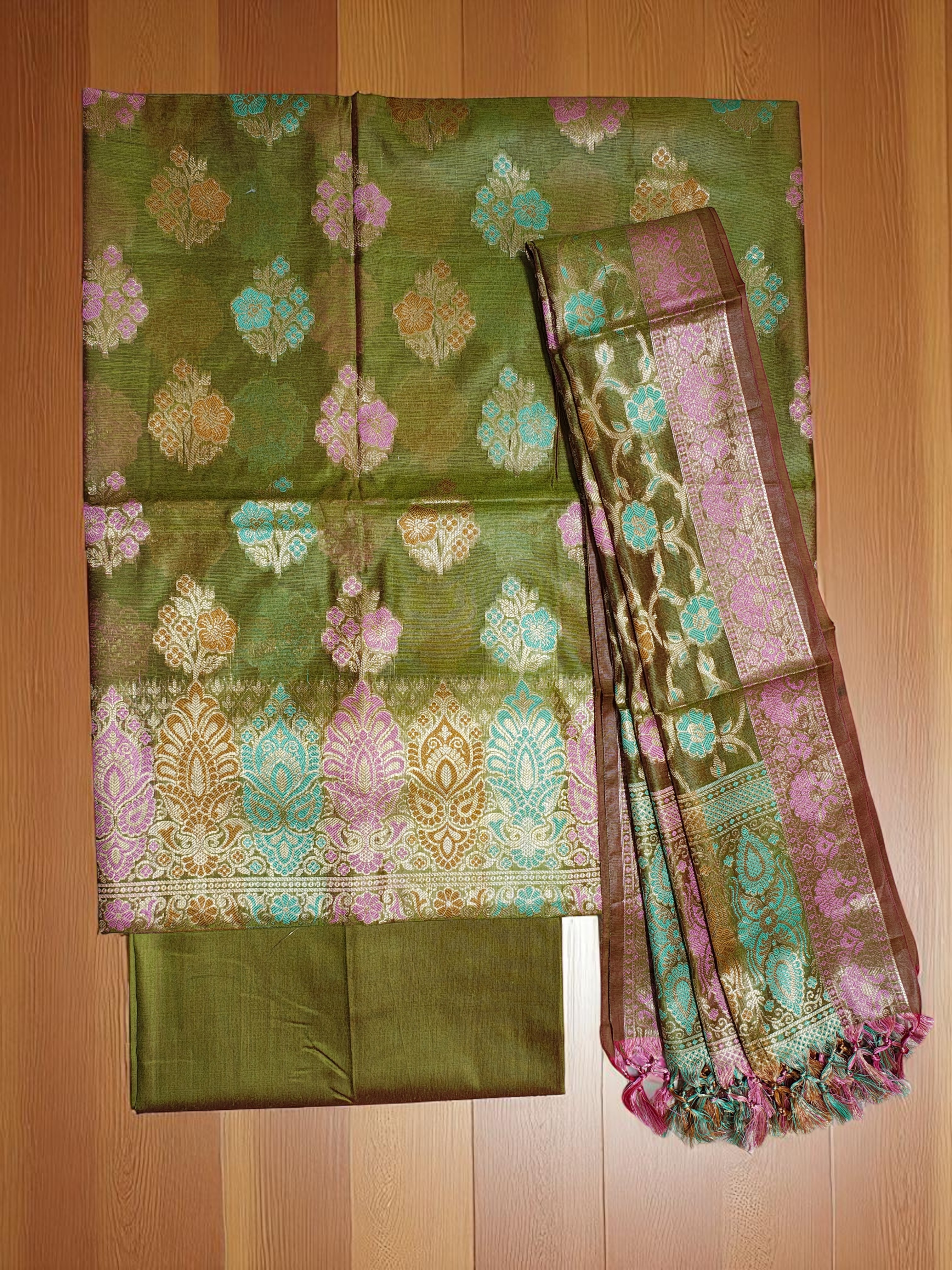 Green Banarasi Silk Meenakari Dress Materials for Women