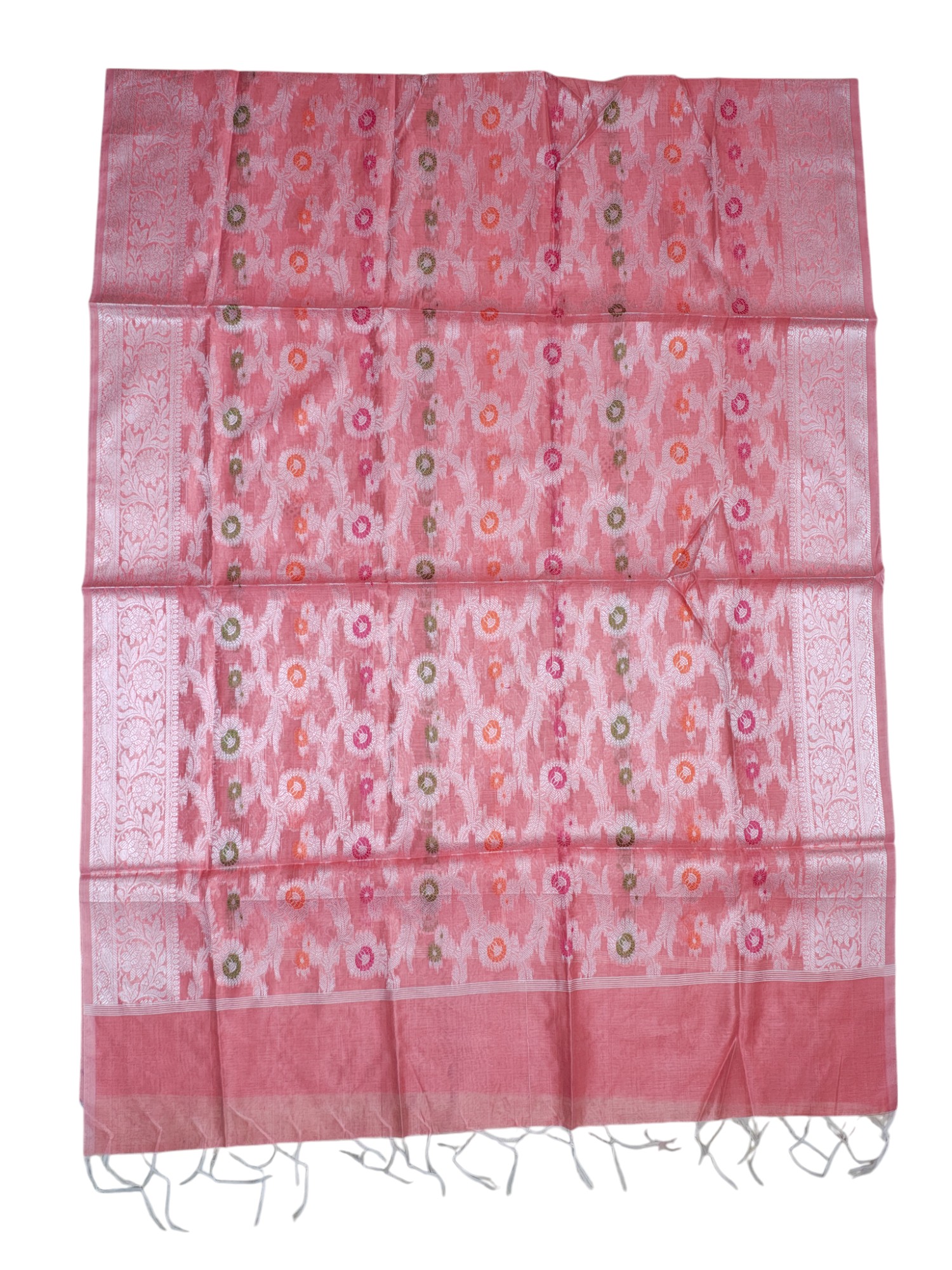 Peach Unstitched Banarasi Cotton Dress Material with Dupatta for Women
