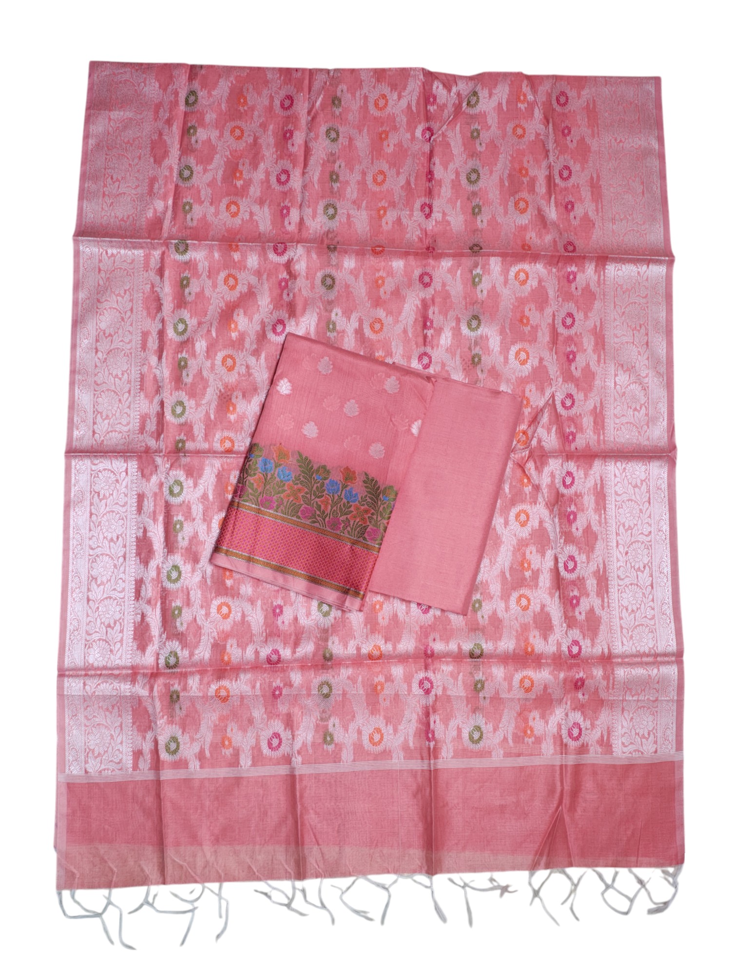 Peach Unstitched Banarasi Cotton Dress Material with Dupatta for Women
