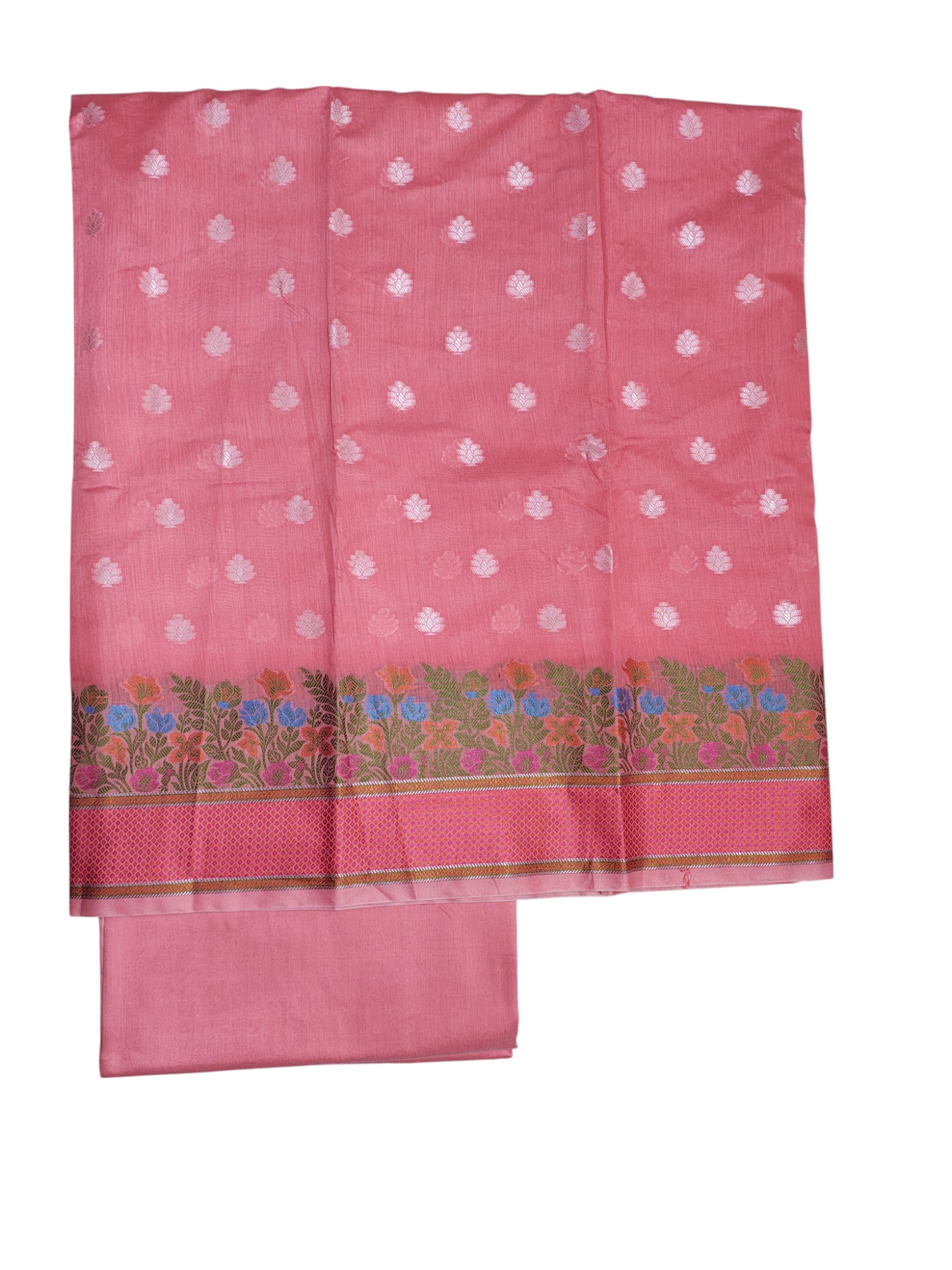 Peach Unstitched Banarasi Cotton Dress Material with Dupatta for Women