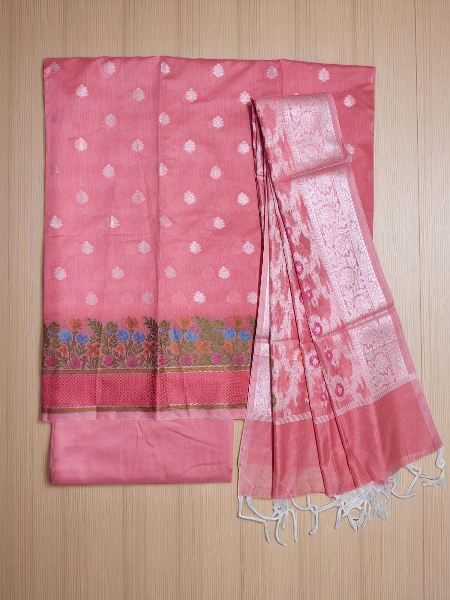 Peach Unstitched Banarasi Cotton Dress Material with Dupatta for Women