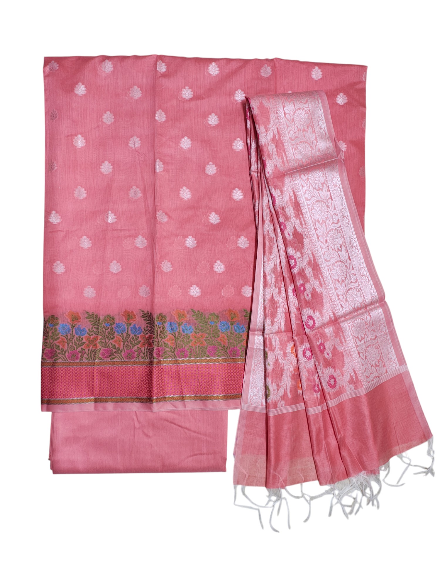 Peach Unstitched Banarasi Cotton Dress Material with Dupatta for Women