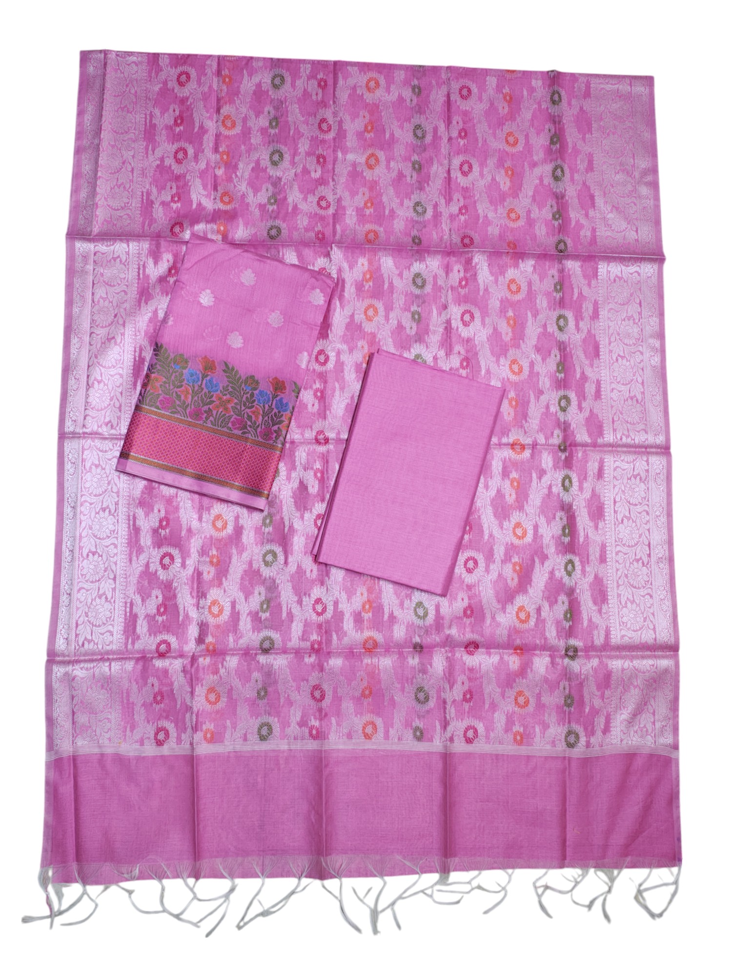Pink Banarasi Cotton Silk Unstitched Suit Set with dupatta for Women