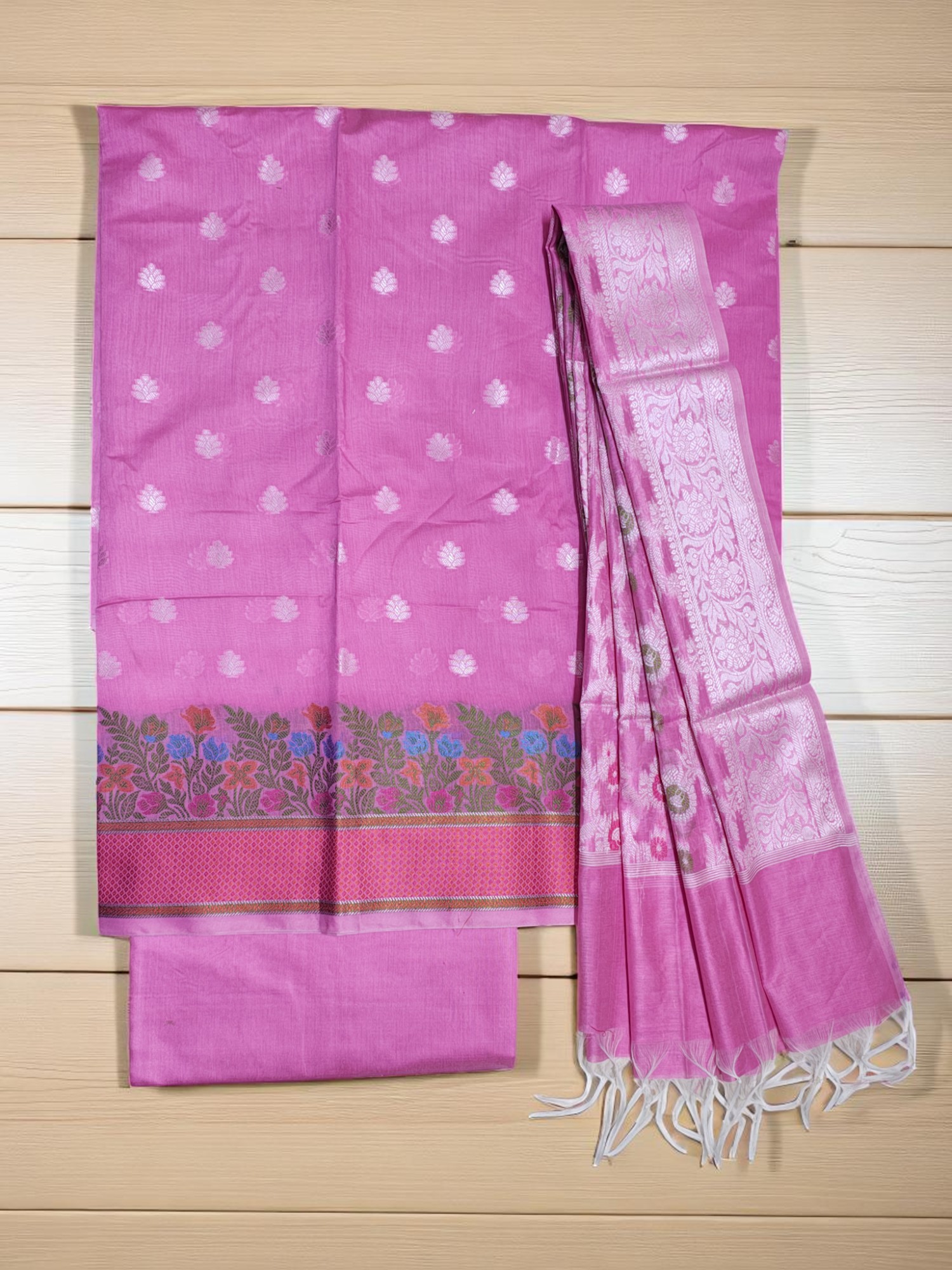 Pink Banarasi Cotton Silk Unstitched Suit Set with dupatta for Women