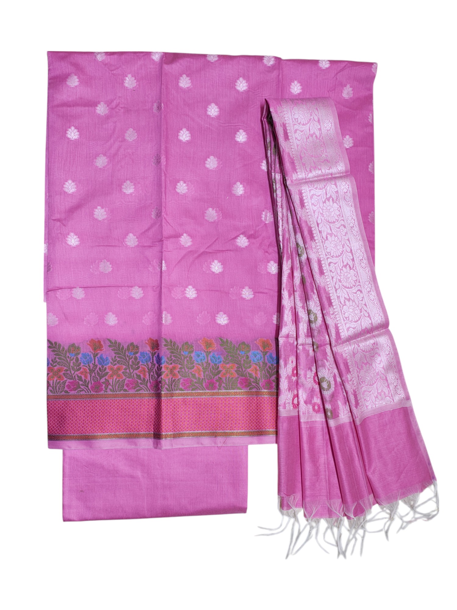 Pink Banarasi Cotton Silk Unstitched Suit Set with dupatta for Women
