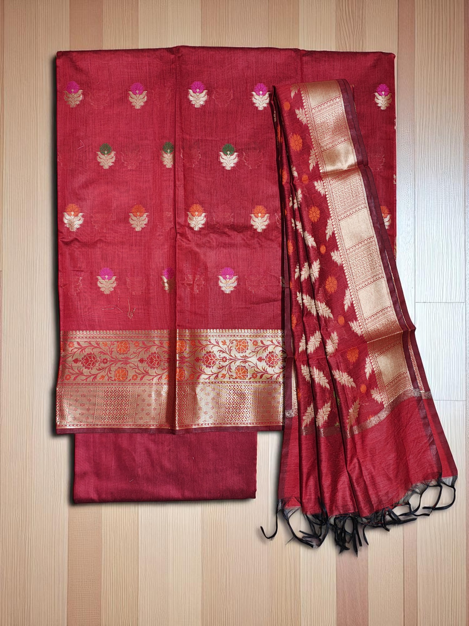 Maroon Banarasi Silk Unstitched Salwar Suit Set for Women