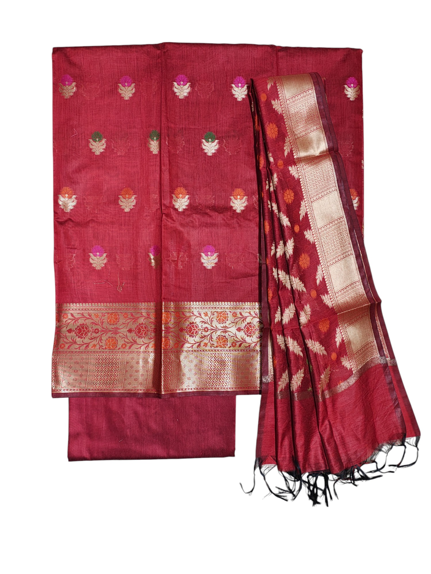Maroon Banarasi Silk Unstitched Salwar Suit Set for Women