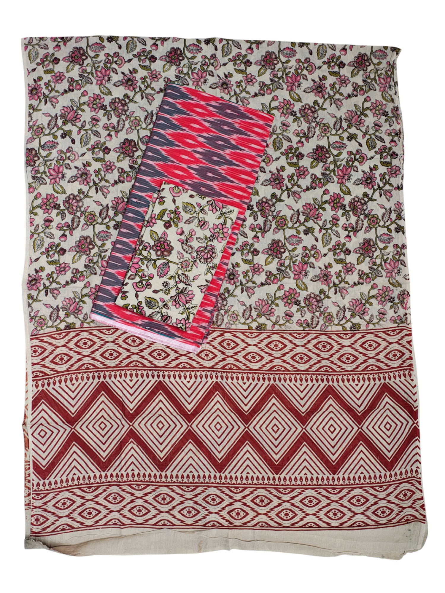 Red Ikkat Kalamkari Unstitched Salwar Suit Set with Dupatta