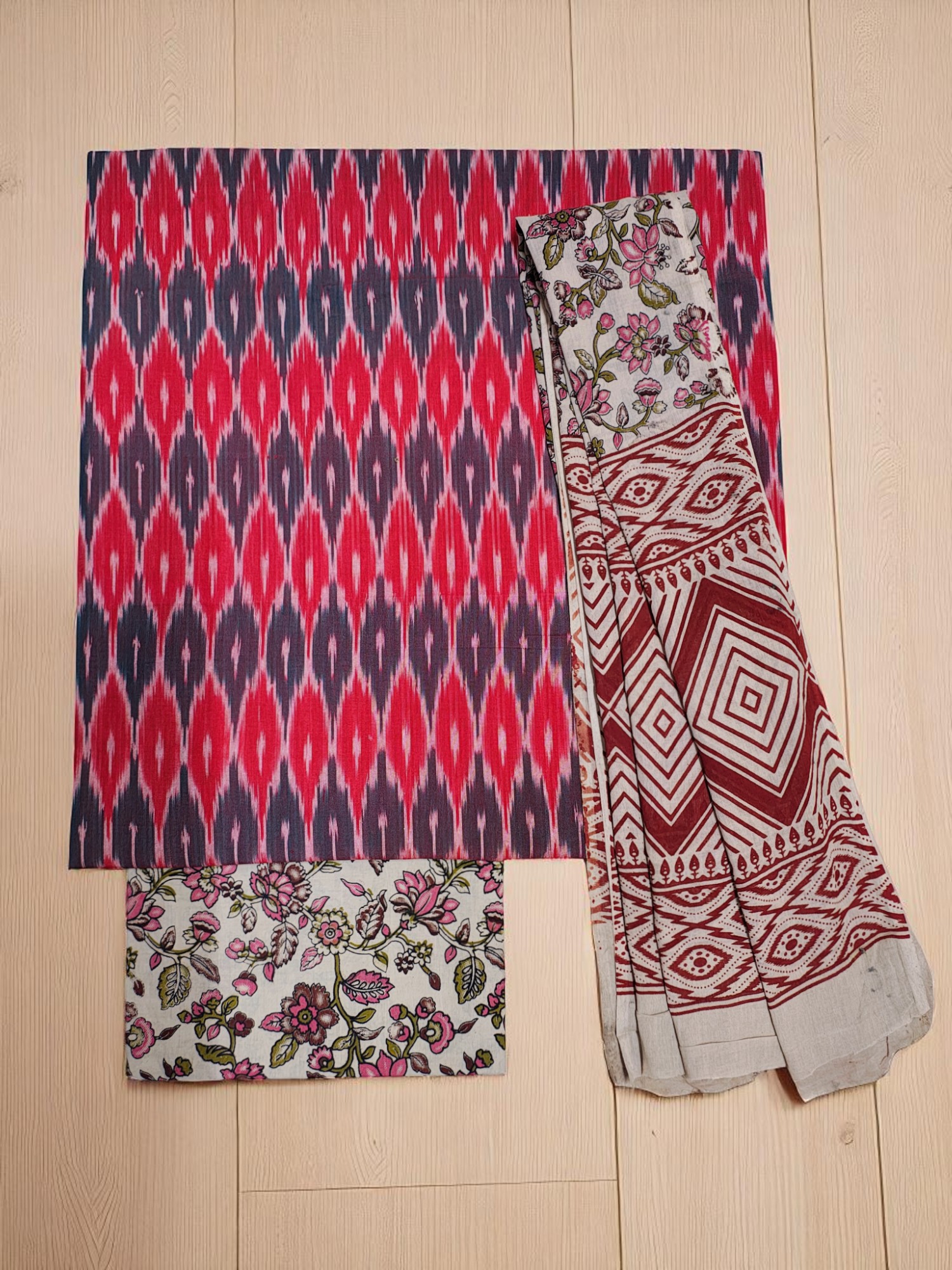 Red Ikkat Kalamkari Unstitched Salwar Suit Set with Dupatta