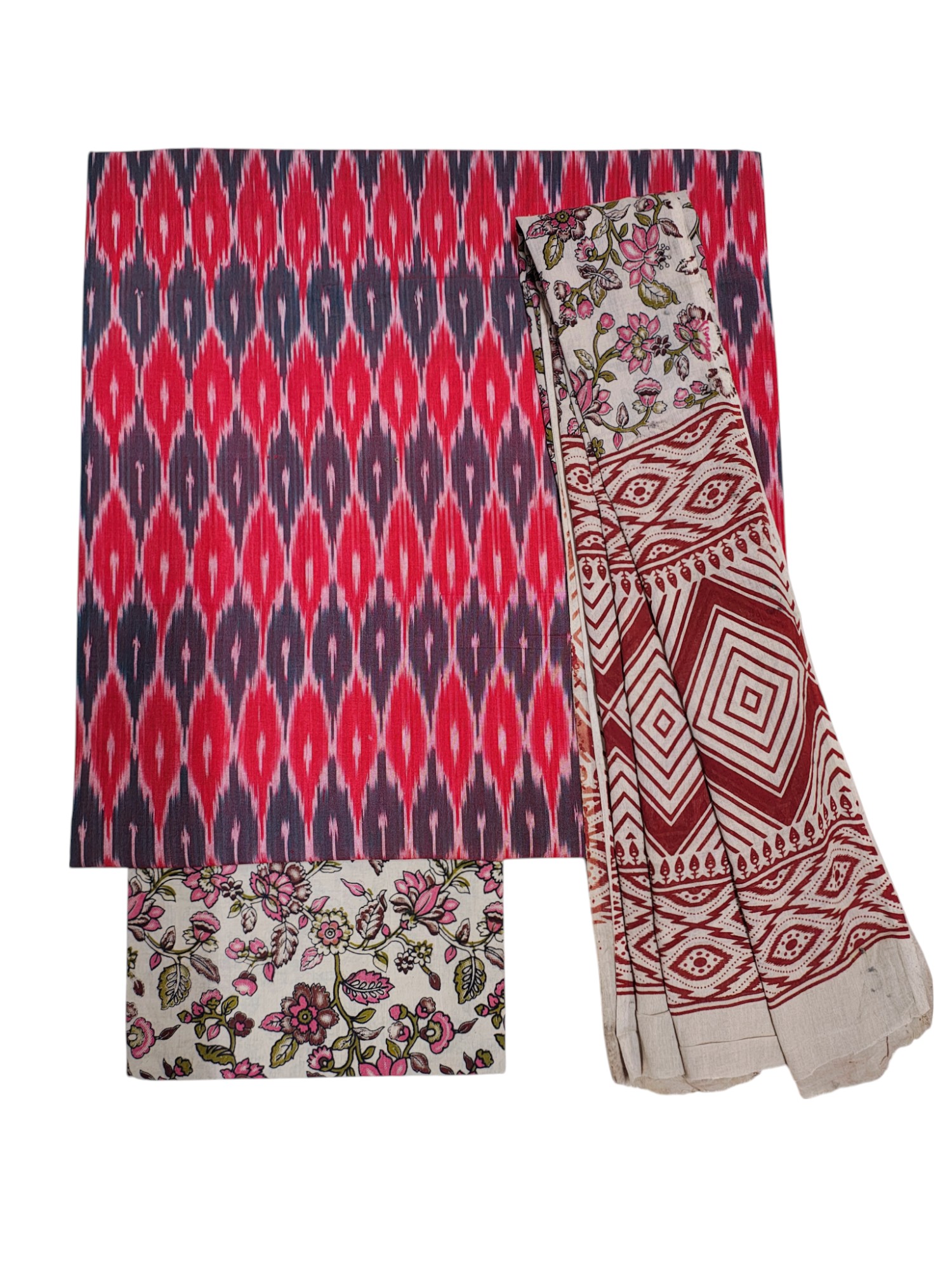 Red Ikkat Kalamkari Unstitched Salwar Suit Set with Dupatta