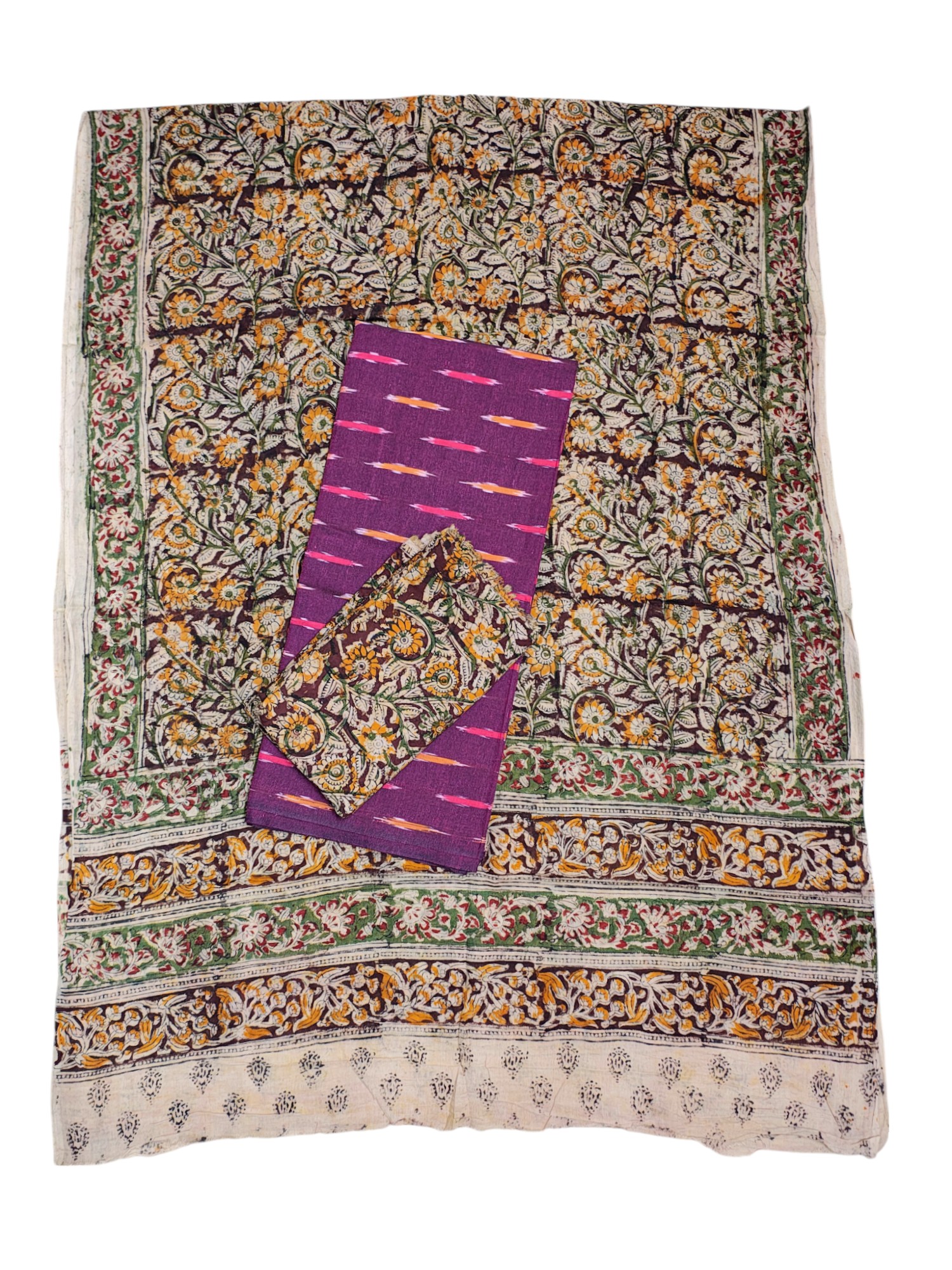 Orange Ikkat Kalamkari Unstitched Salwar Suit Set with Dupatta