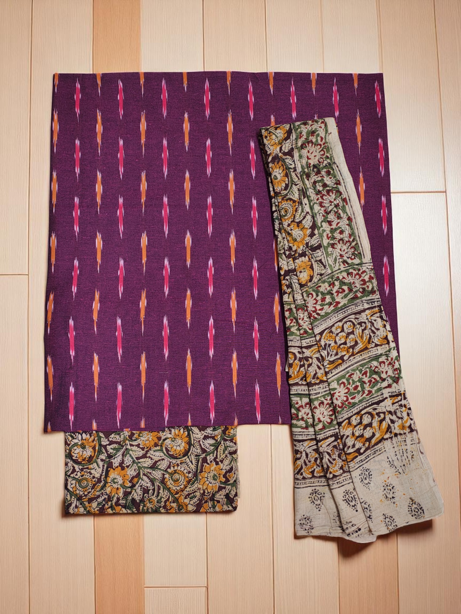 Orange Ikkat Kalamkari Unstitched Salwar Suit Set with Dupatta