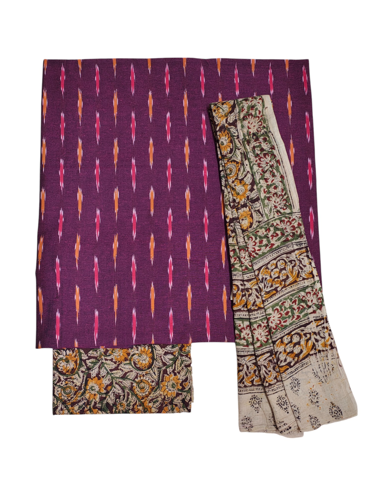 Orange Ikkat Kalamkari Unstitched Salwar Suit Set with Dupatta