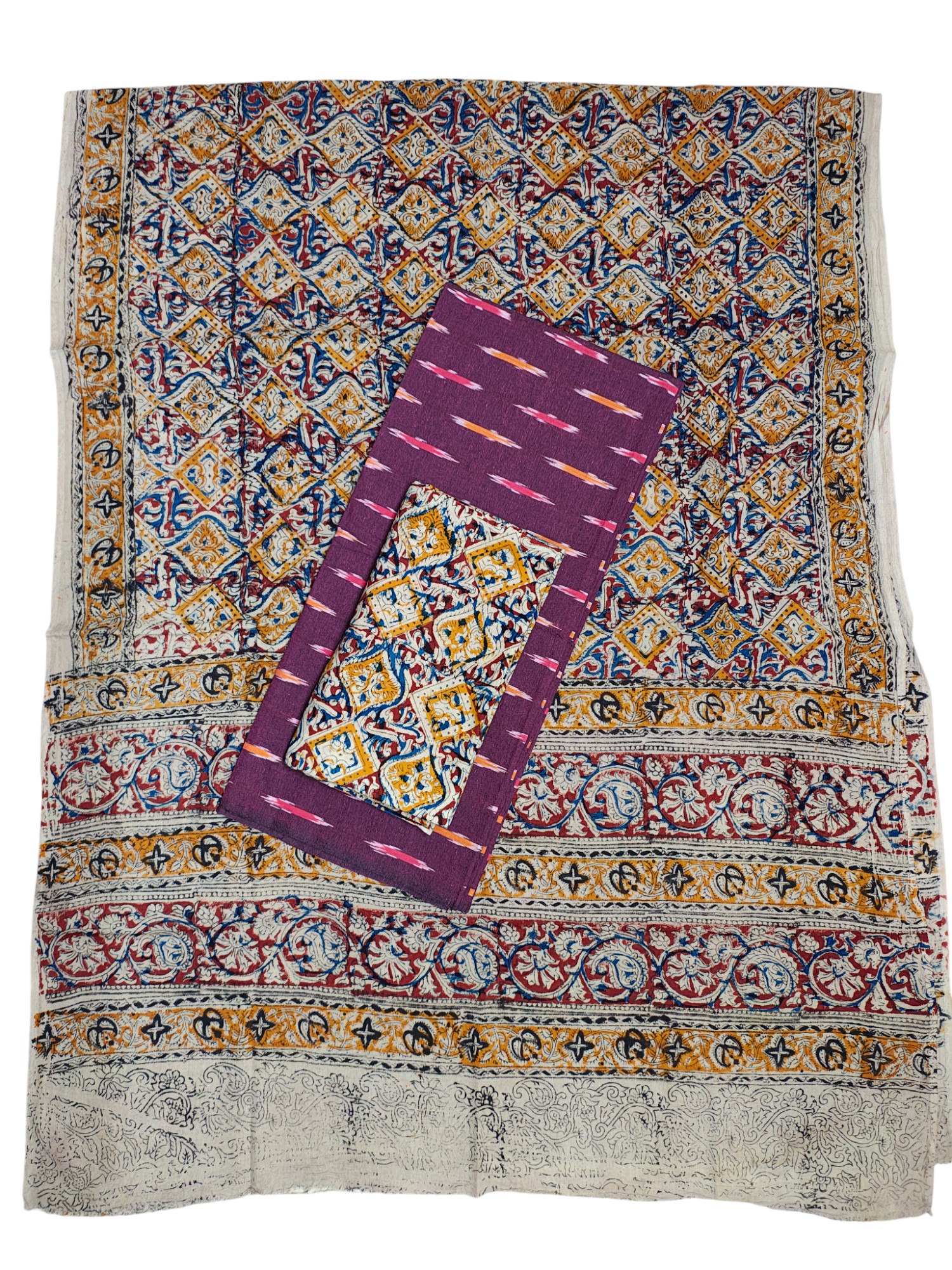 Wine Kalamkari Unstitched Salwar Suit Set with Dupatta