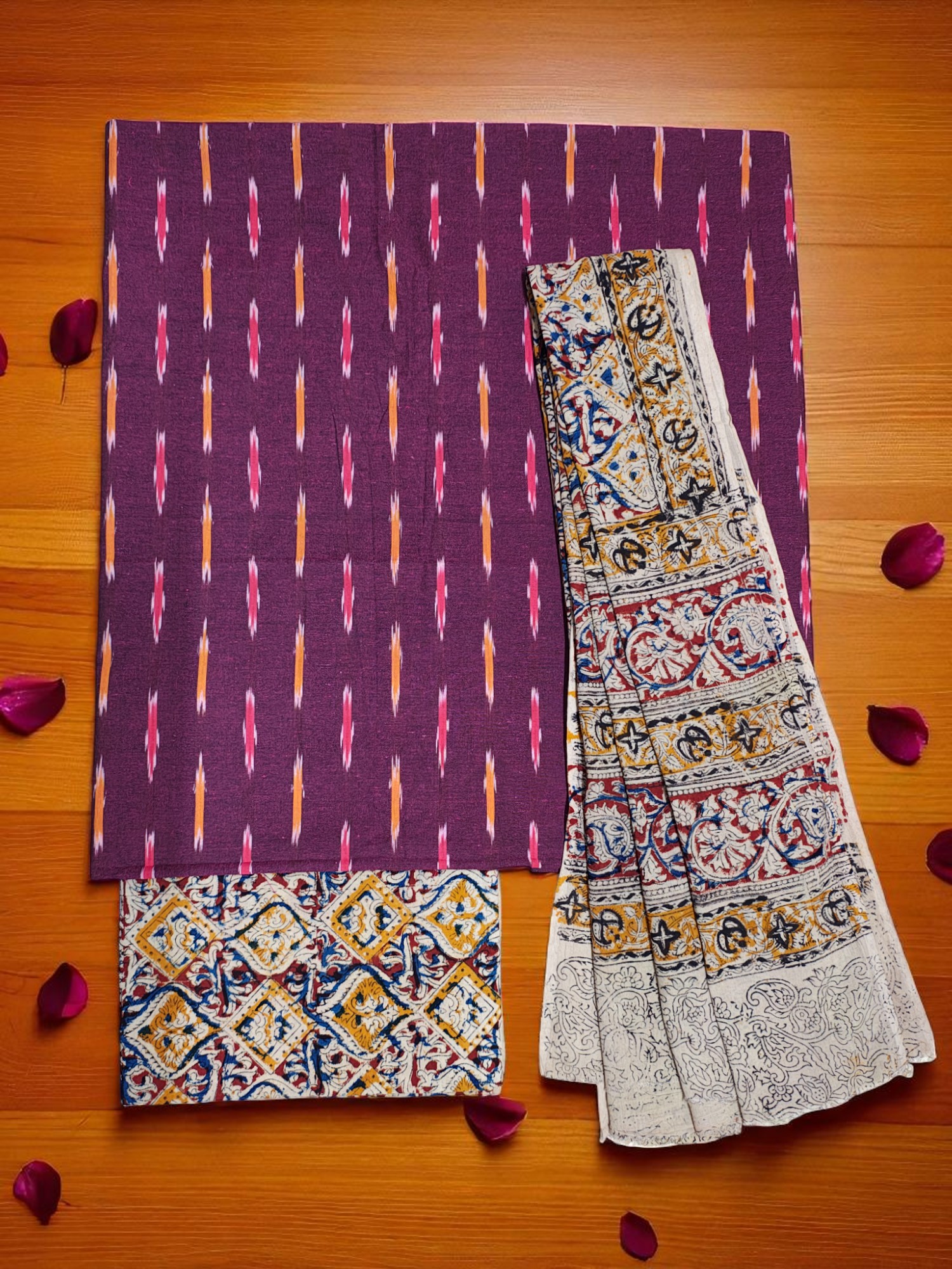 Wine Kalamkari Unstitched Salwar Suit Set with Dupatta