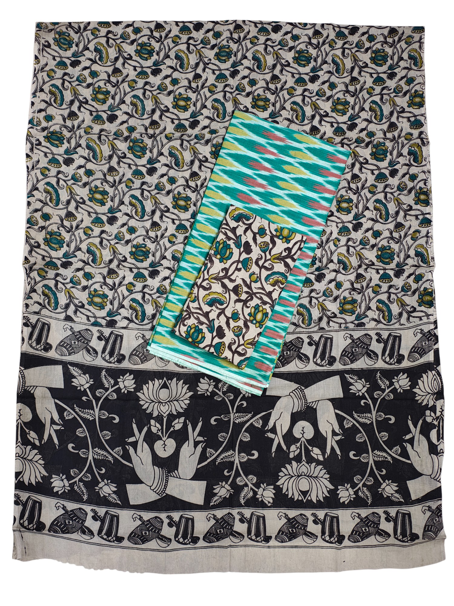 Green Ikkat Kalamkari Unstitched Salwar Suit Set with Dupatta