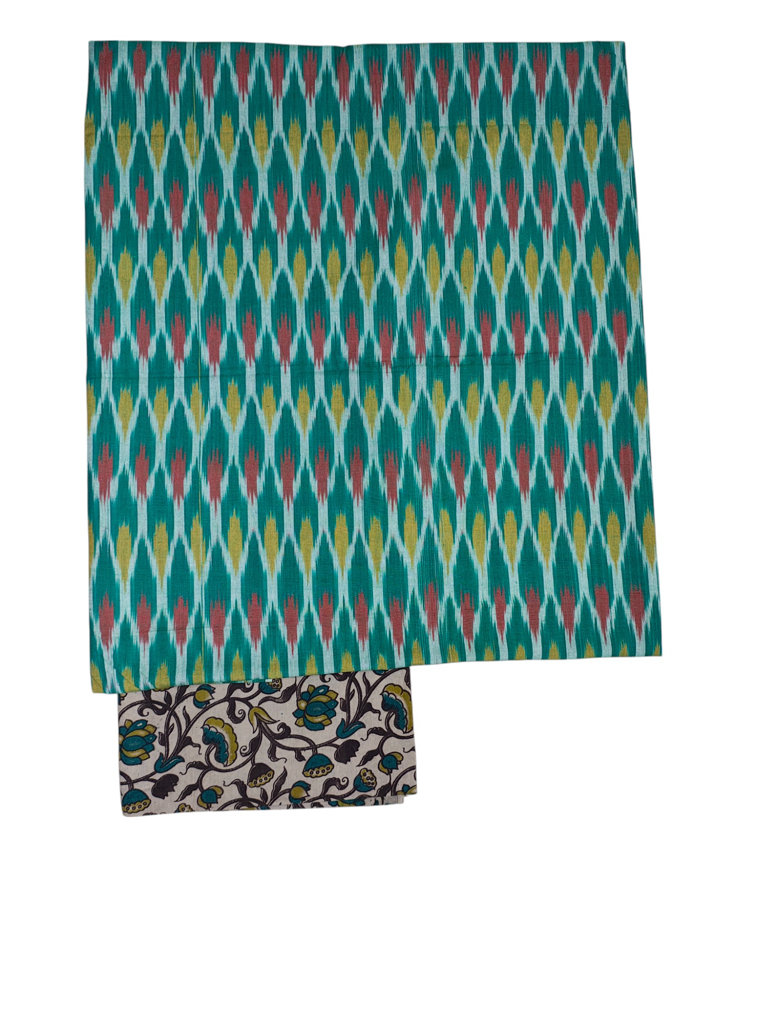 Green Ikkat Kalamkari Unstitched Salwar Suit Set with Dupatta