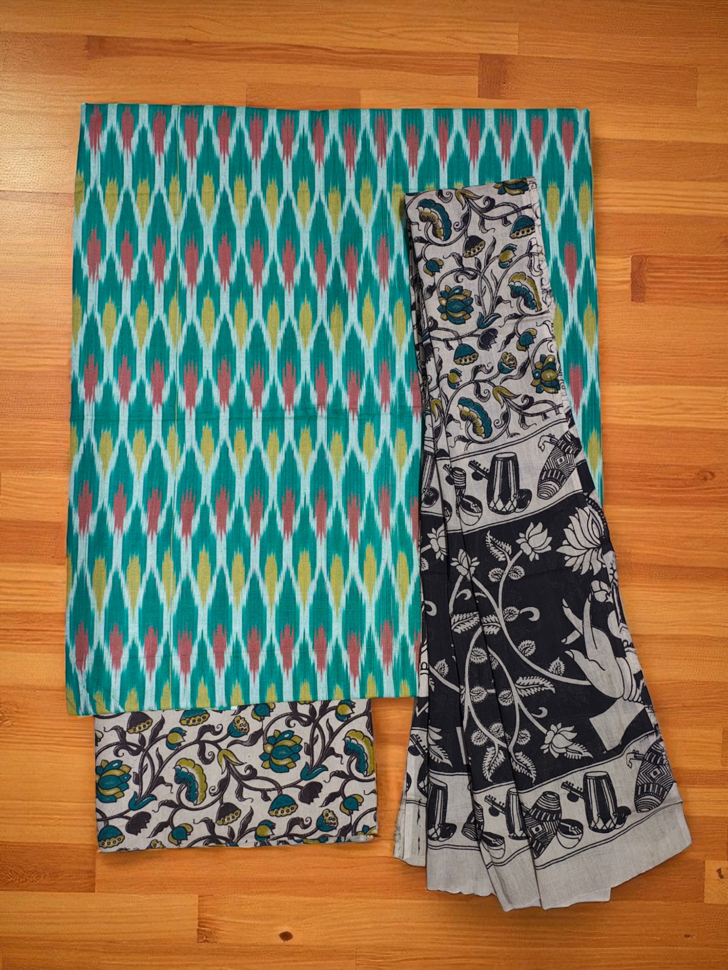 Green Ikkat Kalamkari Unstitched Salwar Suit Set with Dupatta