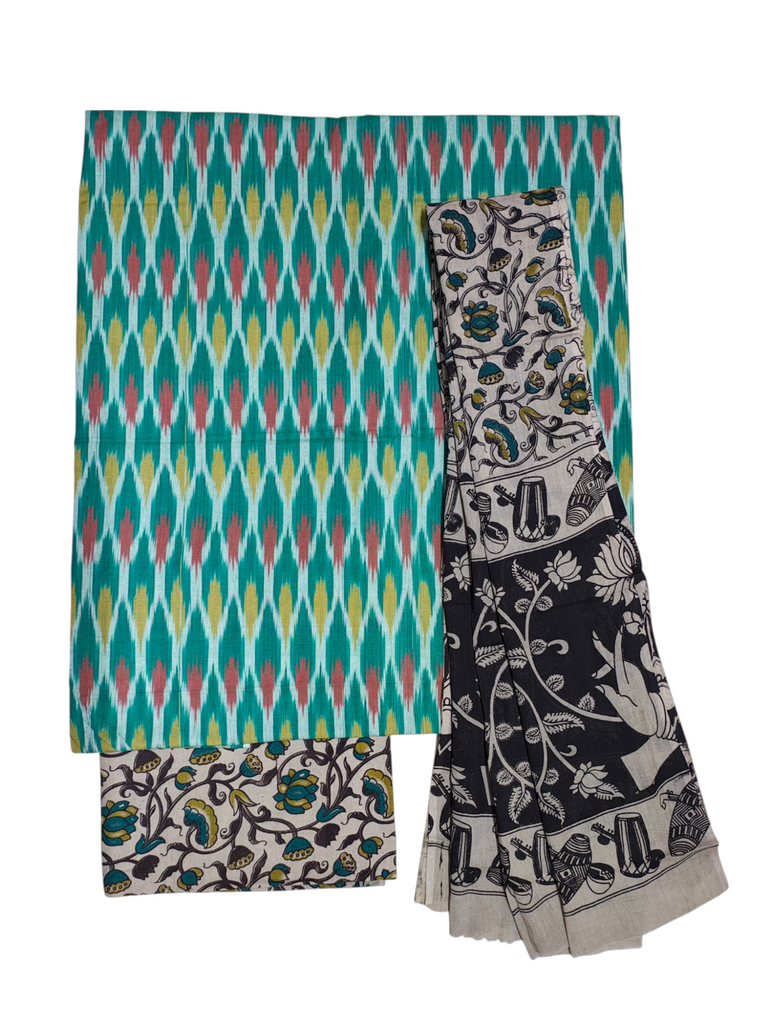 Green Ikkat Kalamkari Unstitched Salwar Suit Set with Dupatta