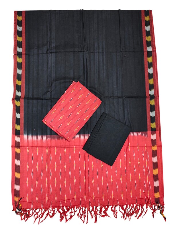 Red Pochampally Ikkat Cotton Dress Material with Dupatta
