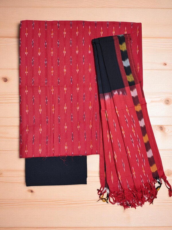 Red Pochampally Ikkat Cotton Dress Material with Dupatta
