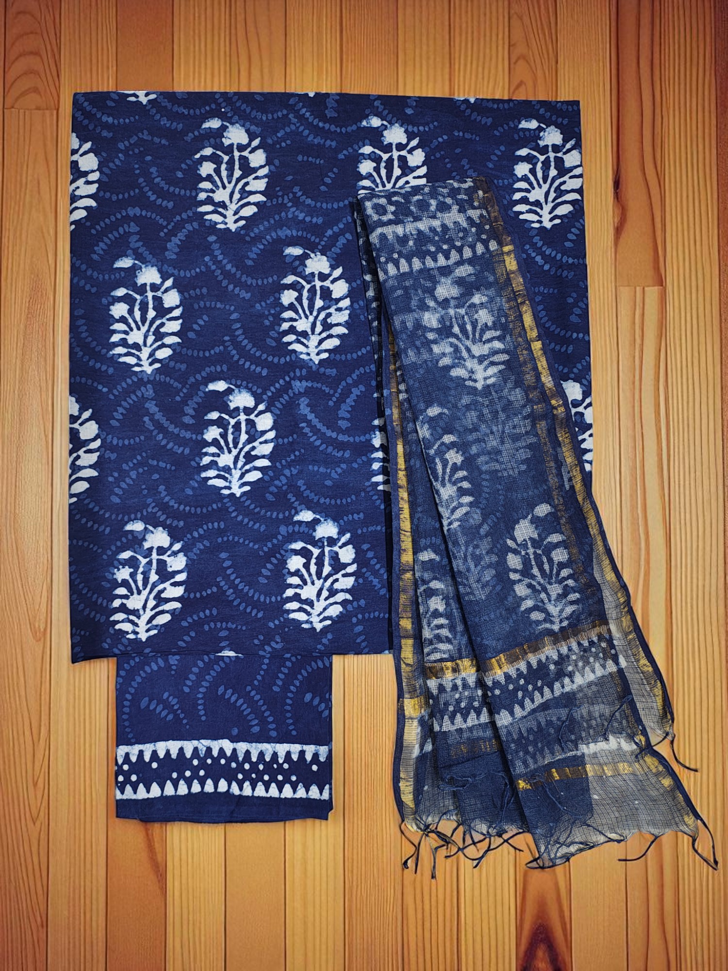 Indigo & White Unstitched Hand block Print Cotton Salwar Suit Set with Kota Doria Dupatta for Women