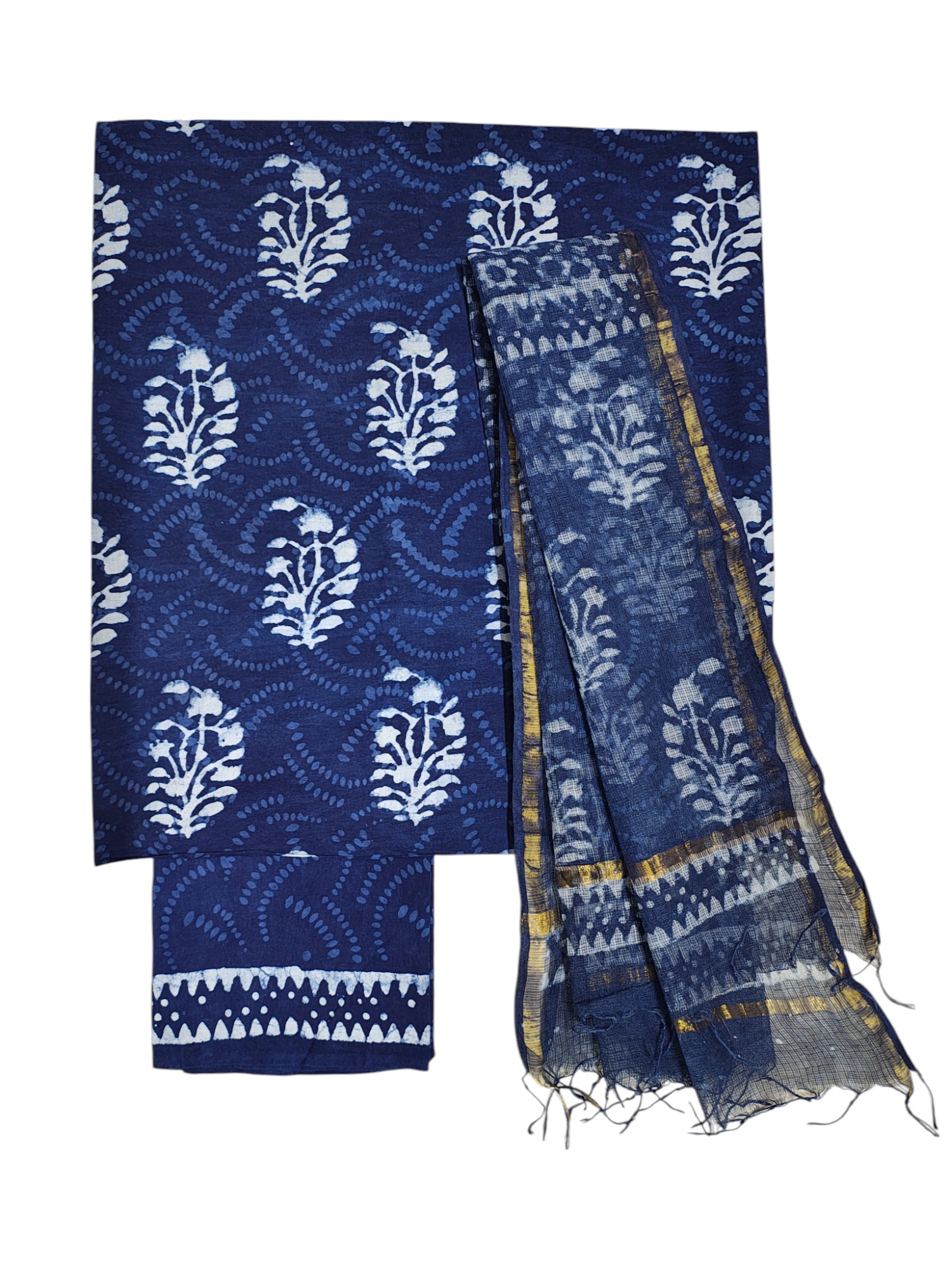 Indigo & White Unstitched Hand block Print Cotton Salwar Suit Set with Kota Doria Dupatta for Women