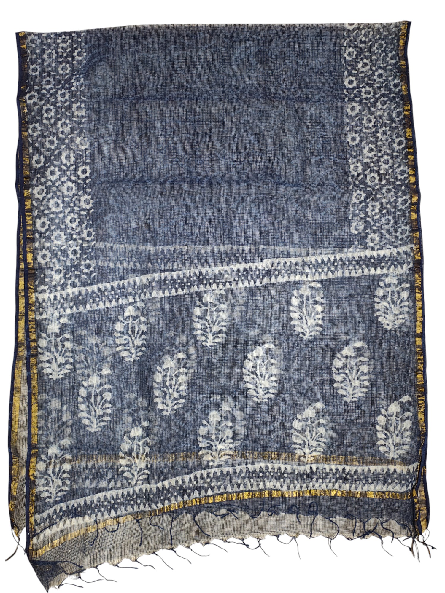 Indigo & White Unstitched Hand block Print Cotton Salwar Suit Set with Kota Doria Dupatta for Women
