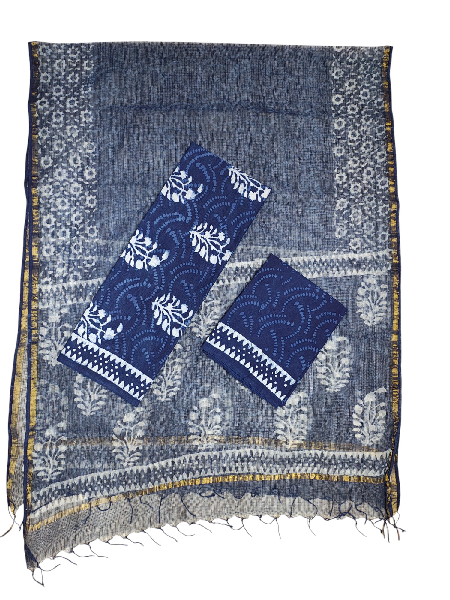 Indigo & White Unstitched Hand block Print Cotton Salwar Suit Set with Kota Doria Dupatta for Women