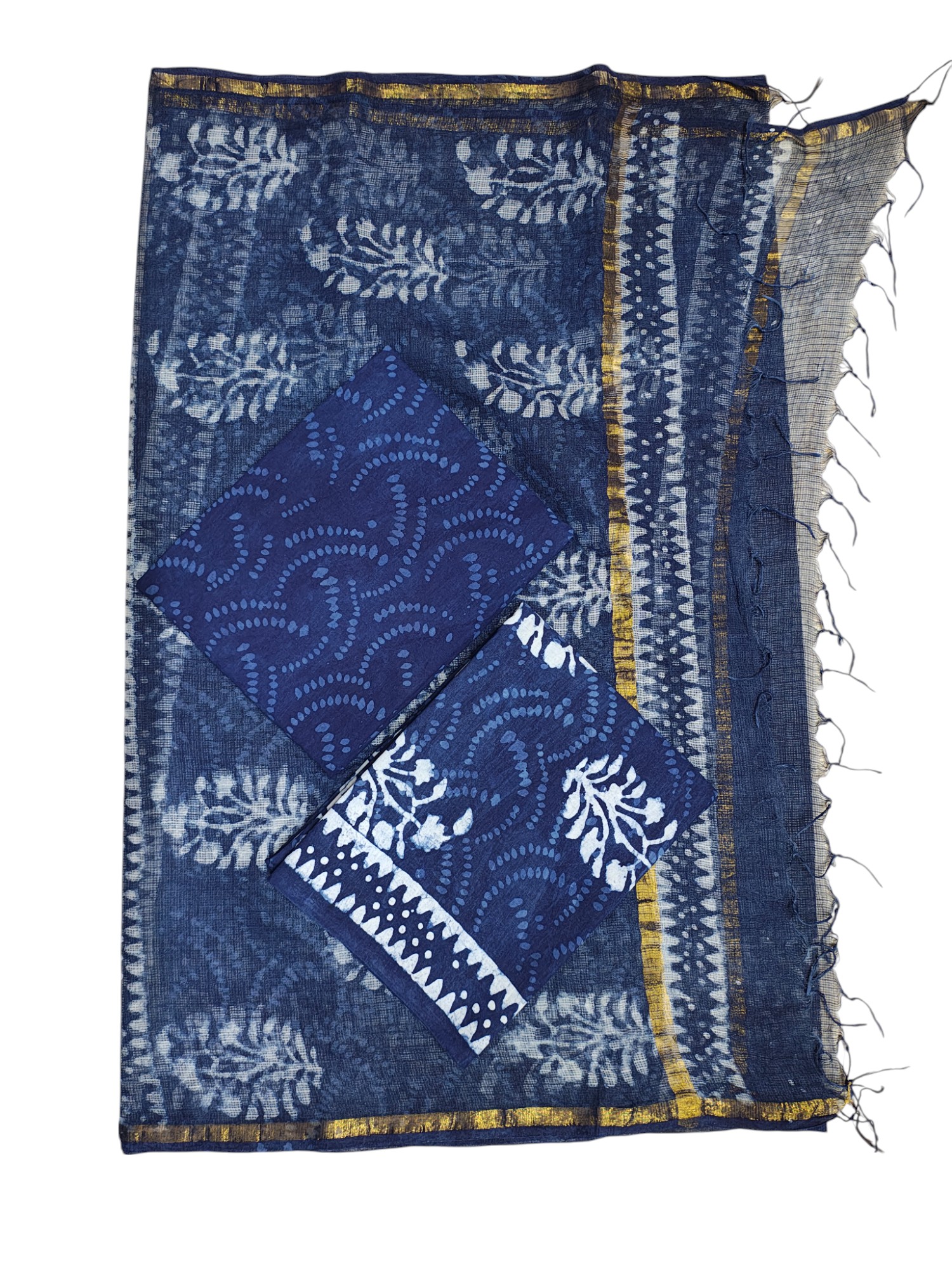 Indigo & White Unstitched Hand block Print Cotton Salwar Suit Set with Kota Doria Dupatta for Women