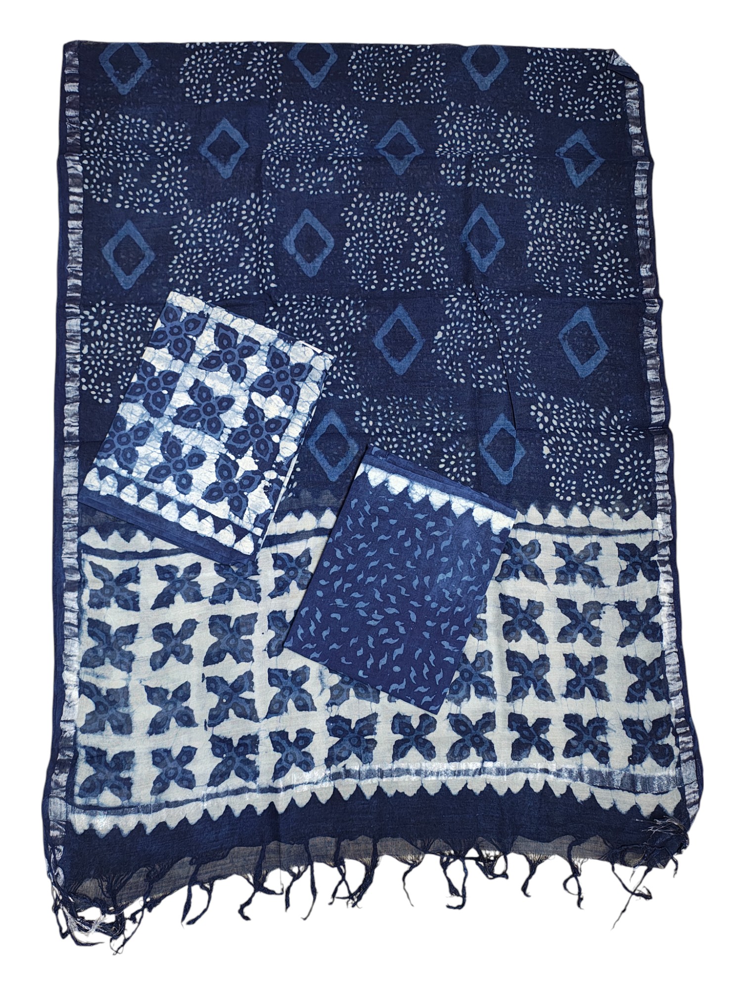 Indigo Unstitched Hand block Print Cotton Salwar Suit Set with cotton Dupatta for Women
