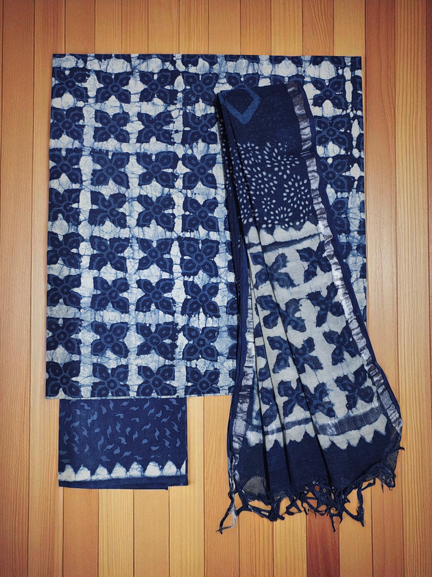 Indigo Unstitched Hand block Print Cotton Salwar Suit Set with cotton Dupatta for Women