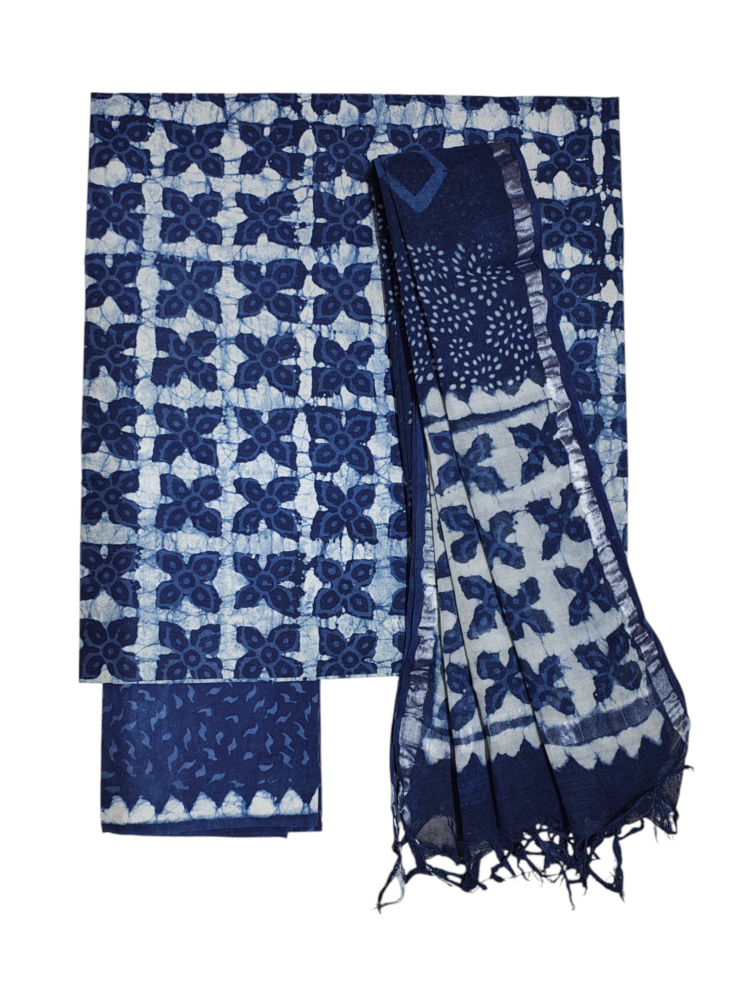 Indigo Unstitched Hand block Print Cotton Salwar Suit Set with cotton Dupatta for Women