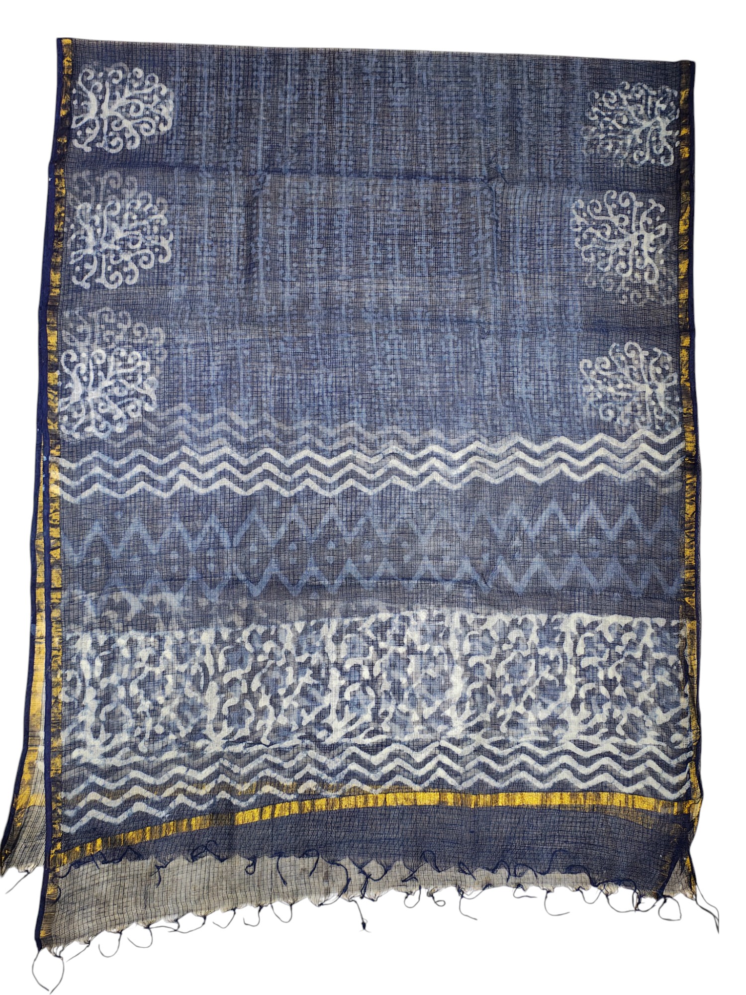 Indigo Dabu Print Kota Doria Unstitched Suit Set