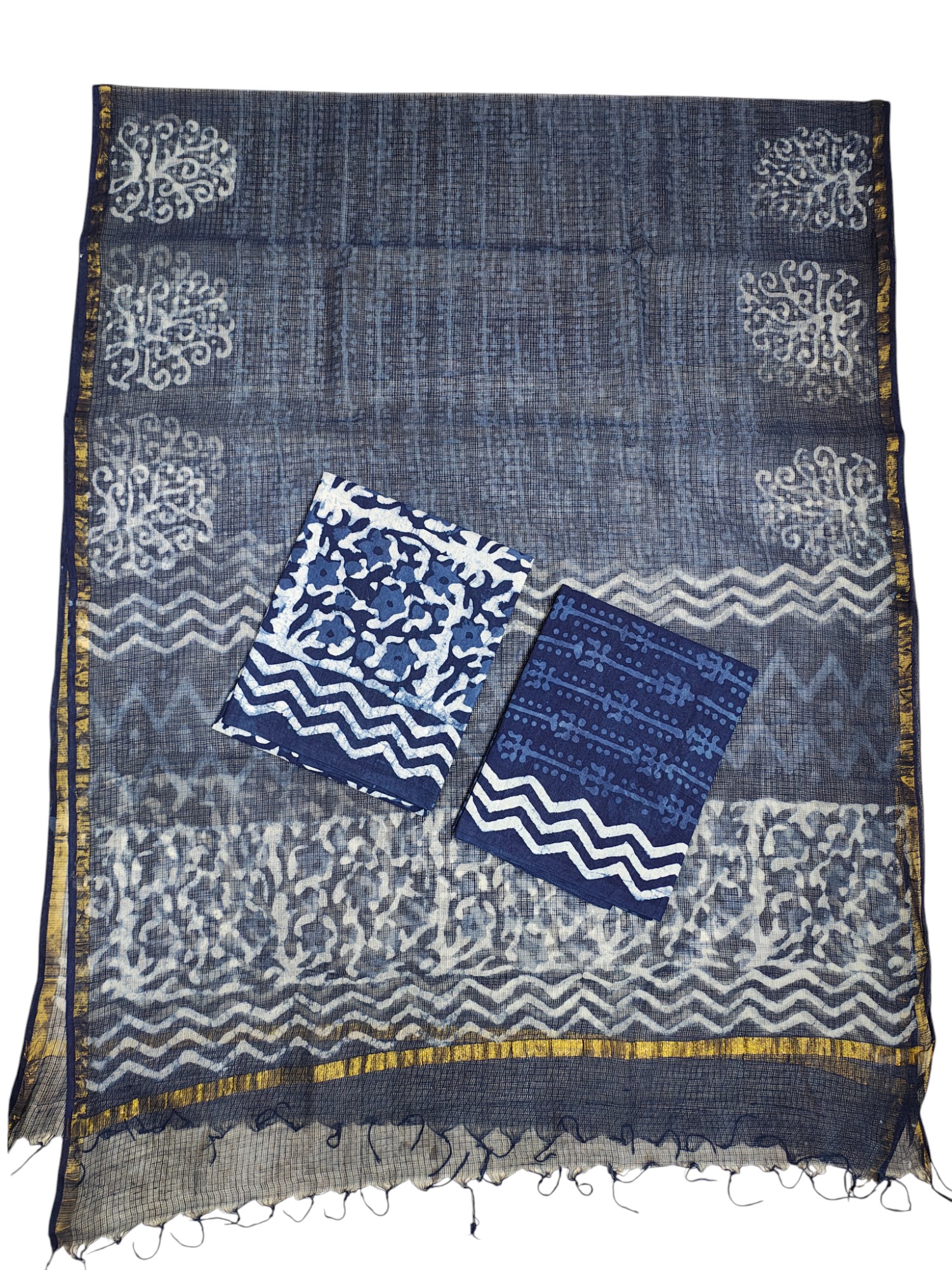 Indigo Dabu Print Kota Doria Unstitched Suit Set