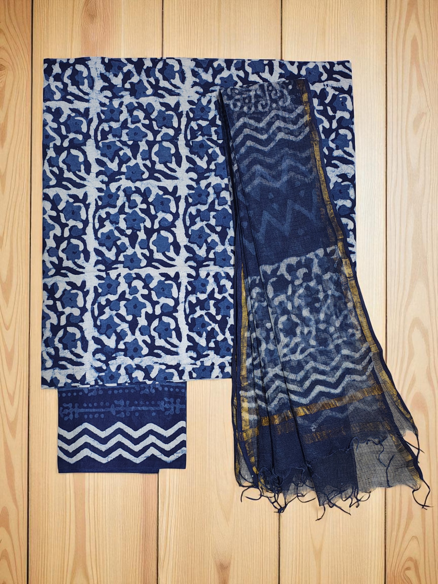 Indigo Dabu Print Kota Doria Unstitched Suit Set