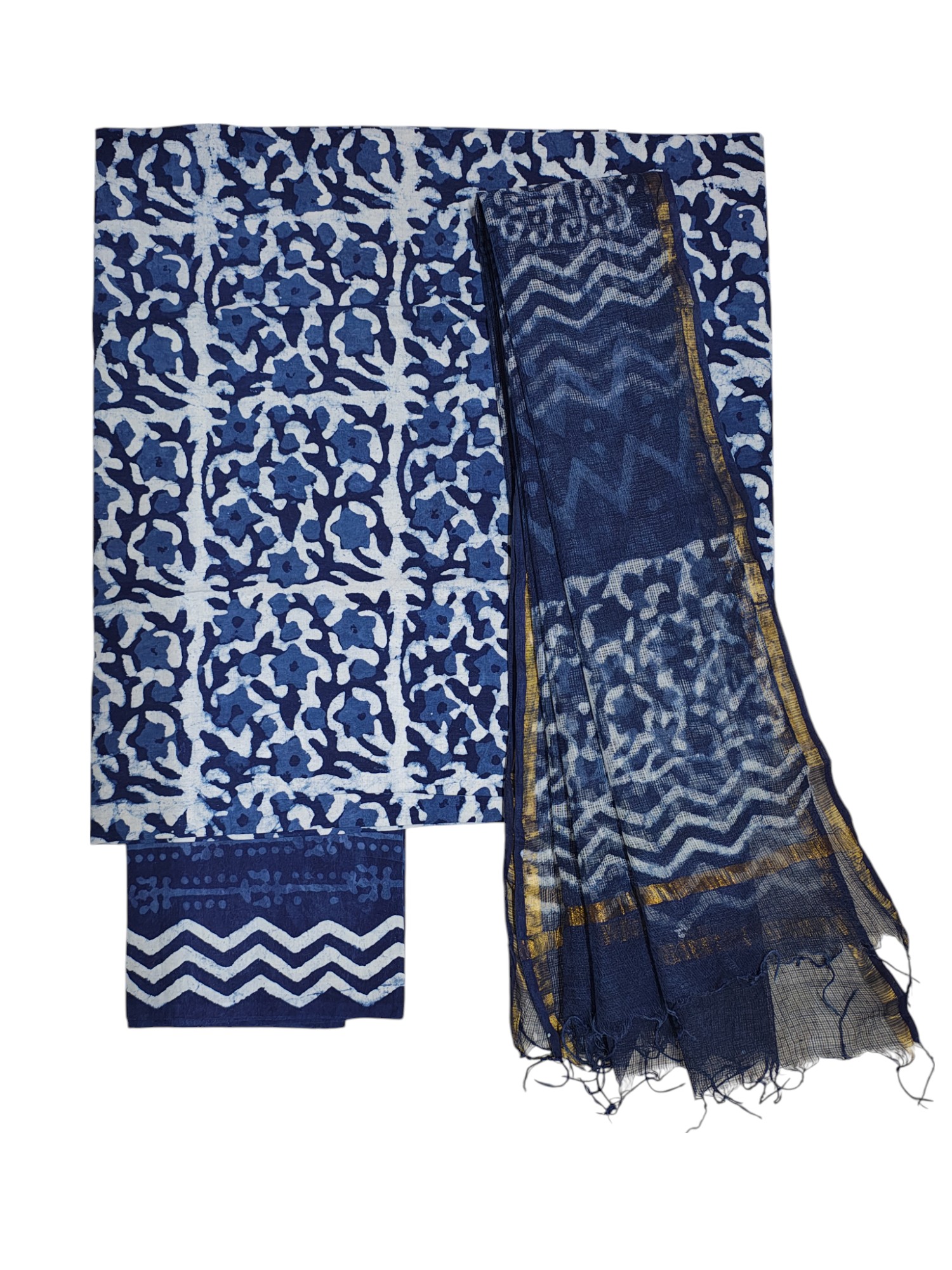 Indigo Dabu Print Kota Doria Unstitched Suit Set