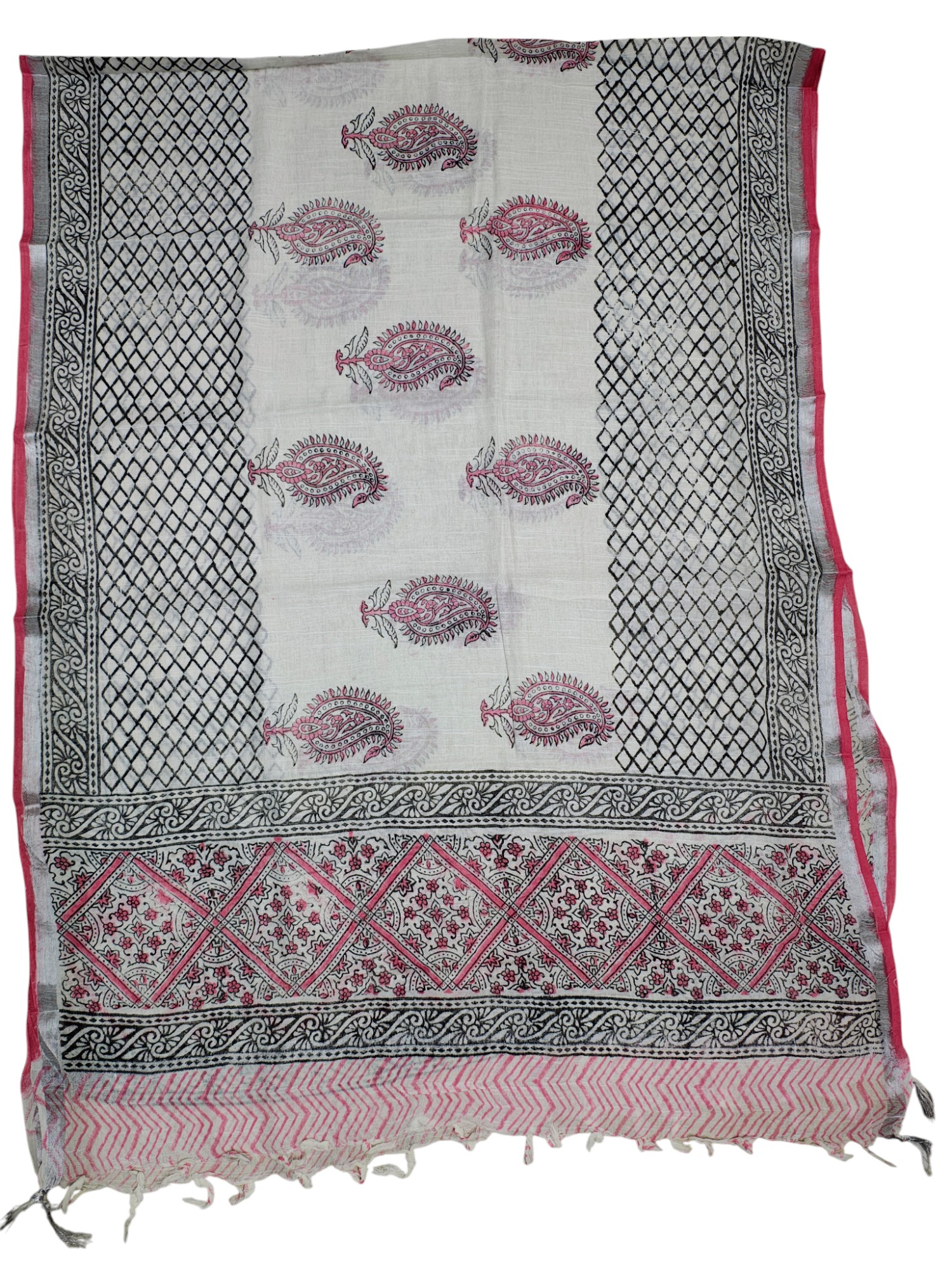 Pink Kantha Sanganeri Print Unstitched Salwar Suit Set with Linen Dupatta