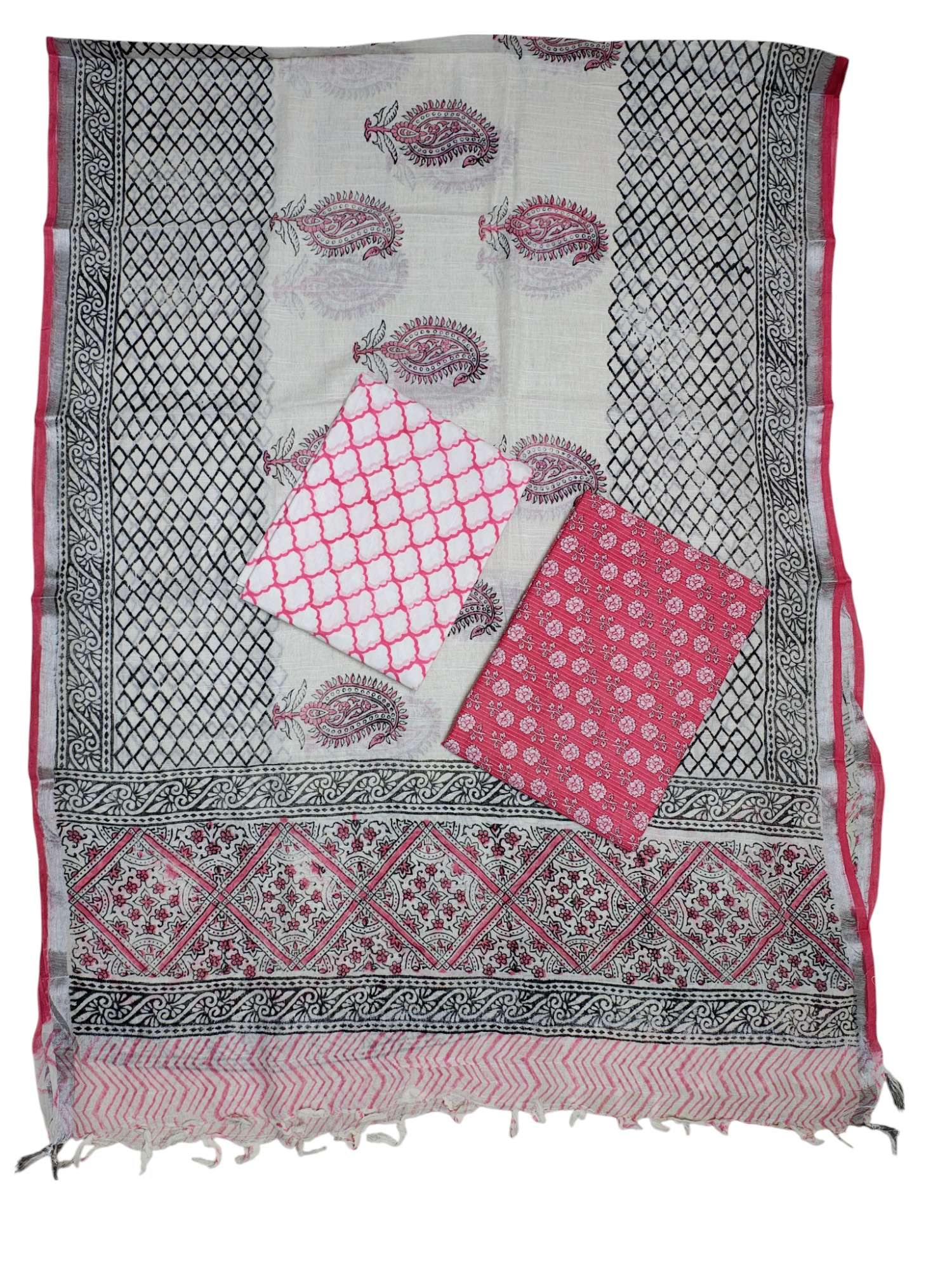 Pink Kantha Sanganeri Print Unstitched Salwar Suit Set with Linen Dupatta