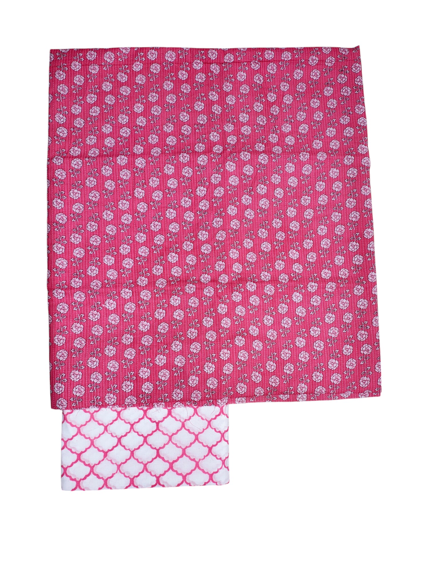 Pink Kantha Sanganeri Print Unstitched Salwar Suit Set with Linen Dupatta